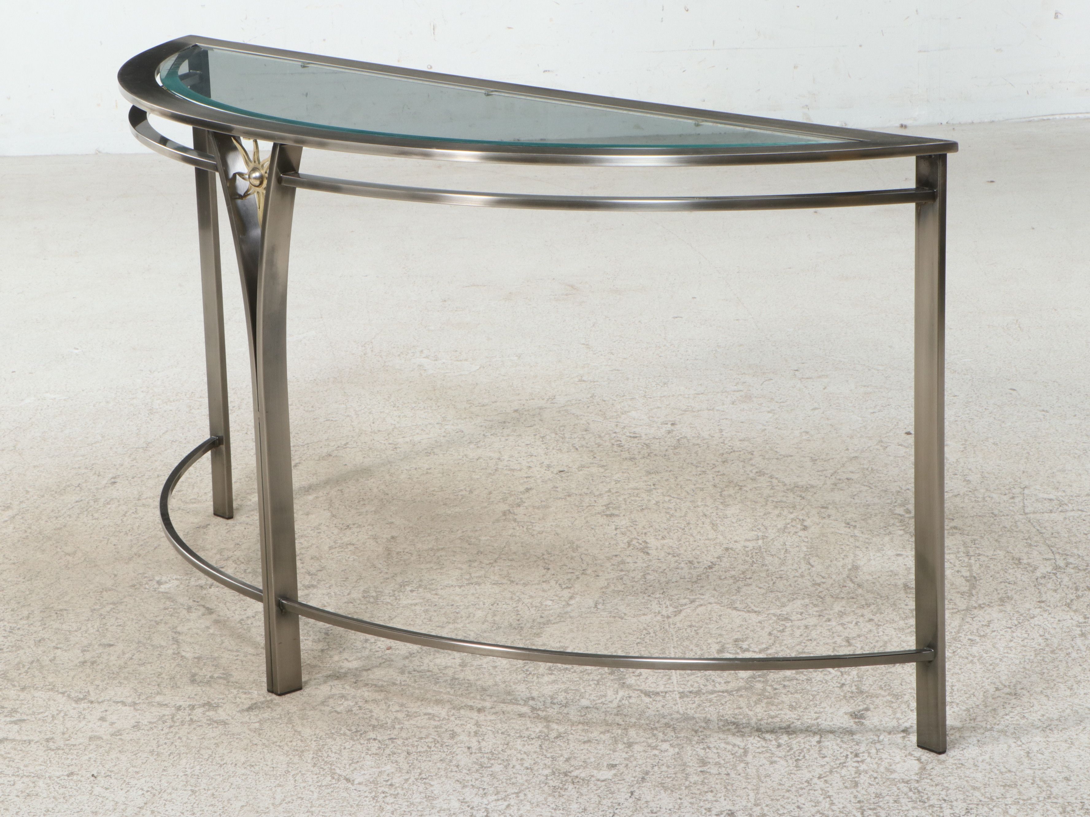 Contemporary Brutalist Style Demilune Console Table with Sunburst Medallion