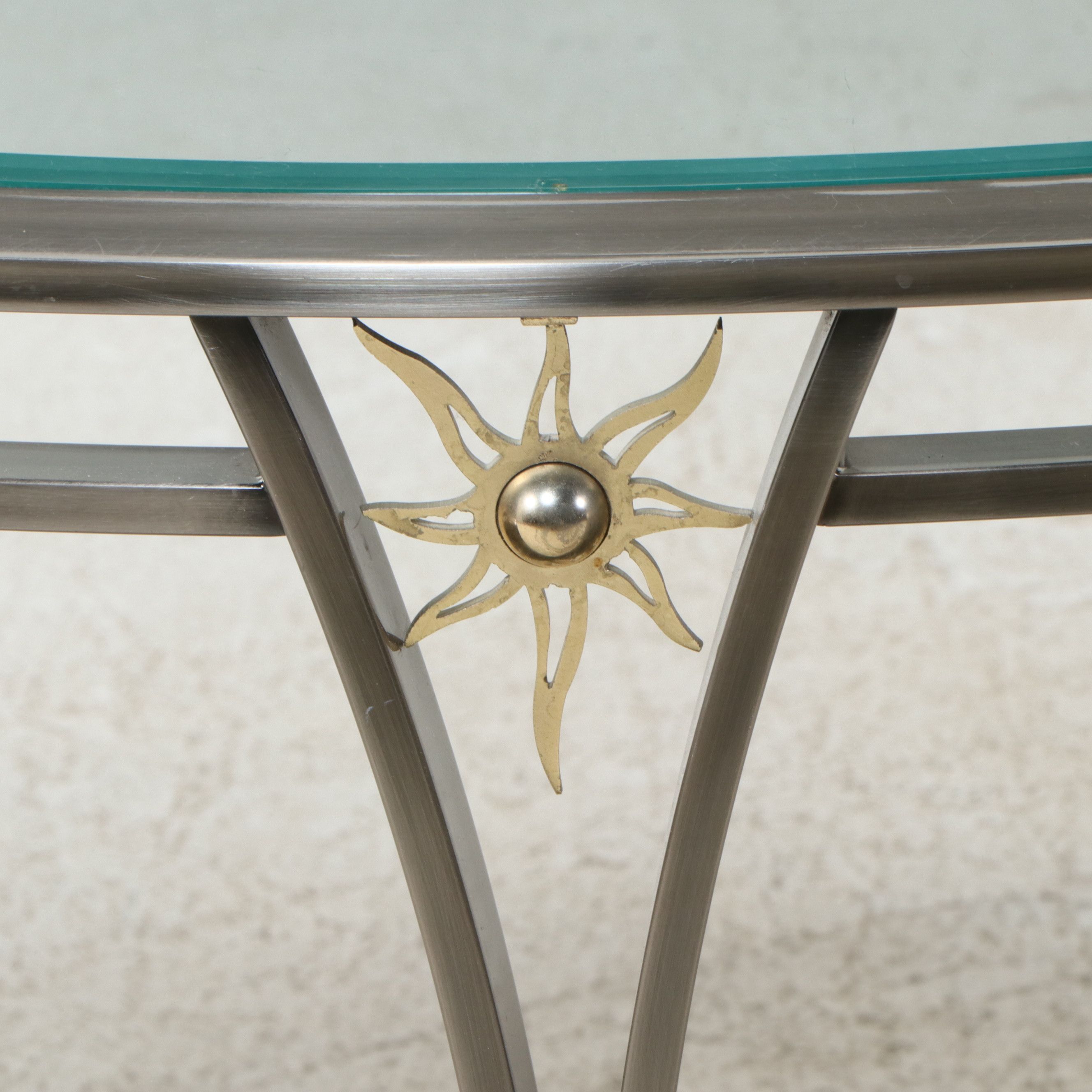 Contemporary Brutalist Style Demilune Console Table with Sunburst Medallion