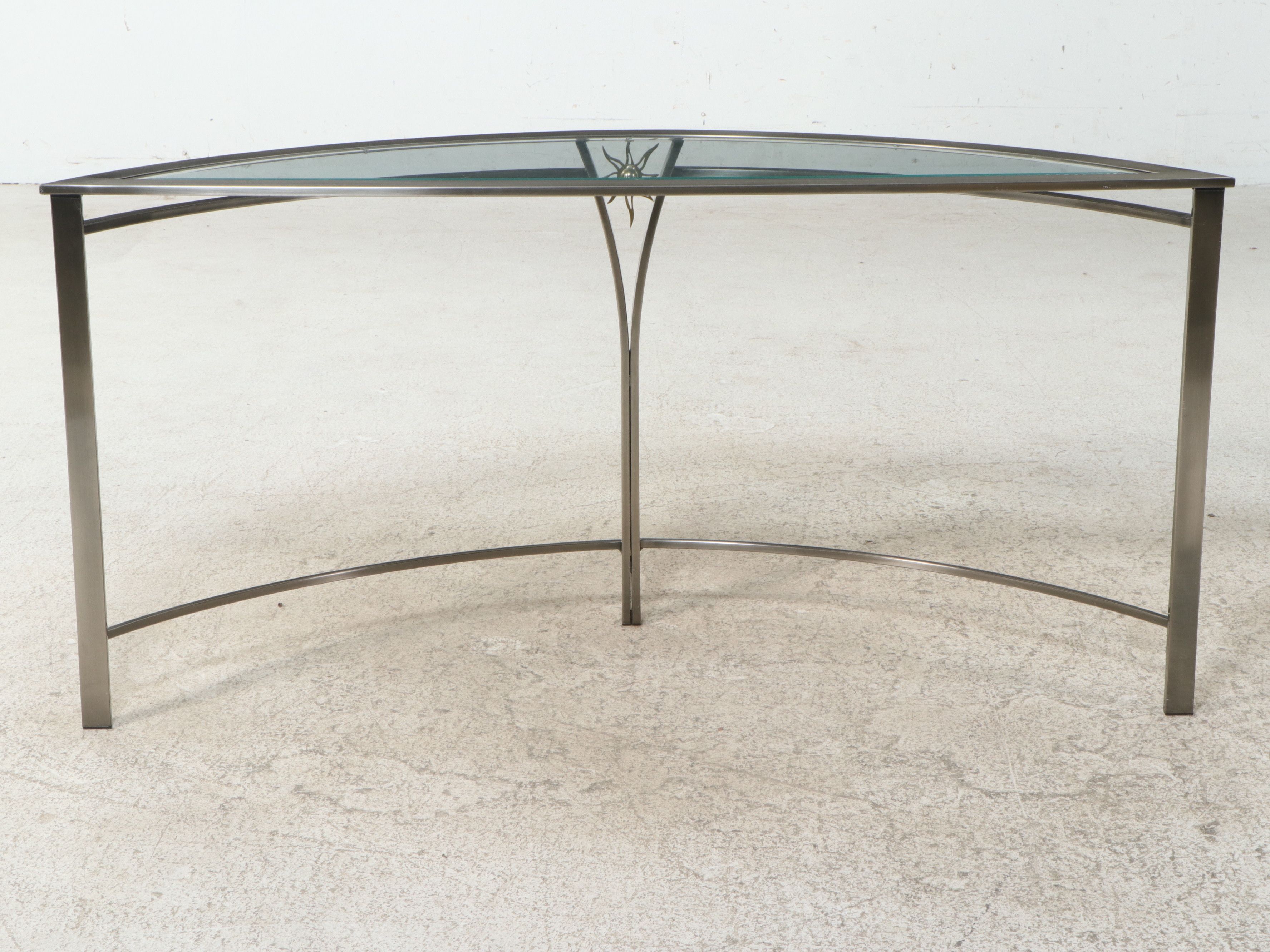 Contemporary Brutalist Style Demilune Console Table with Sunburst Medallion