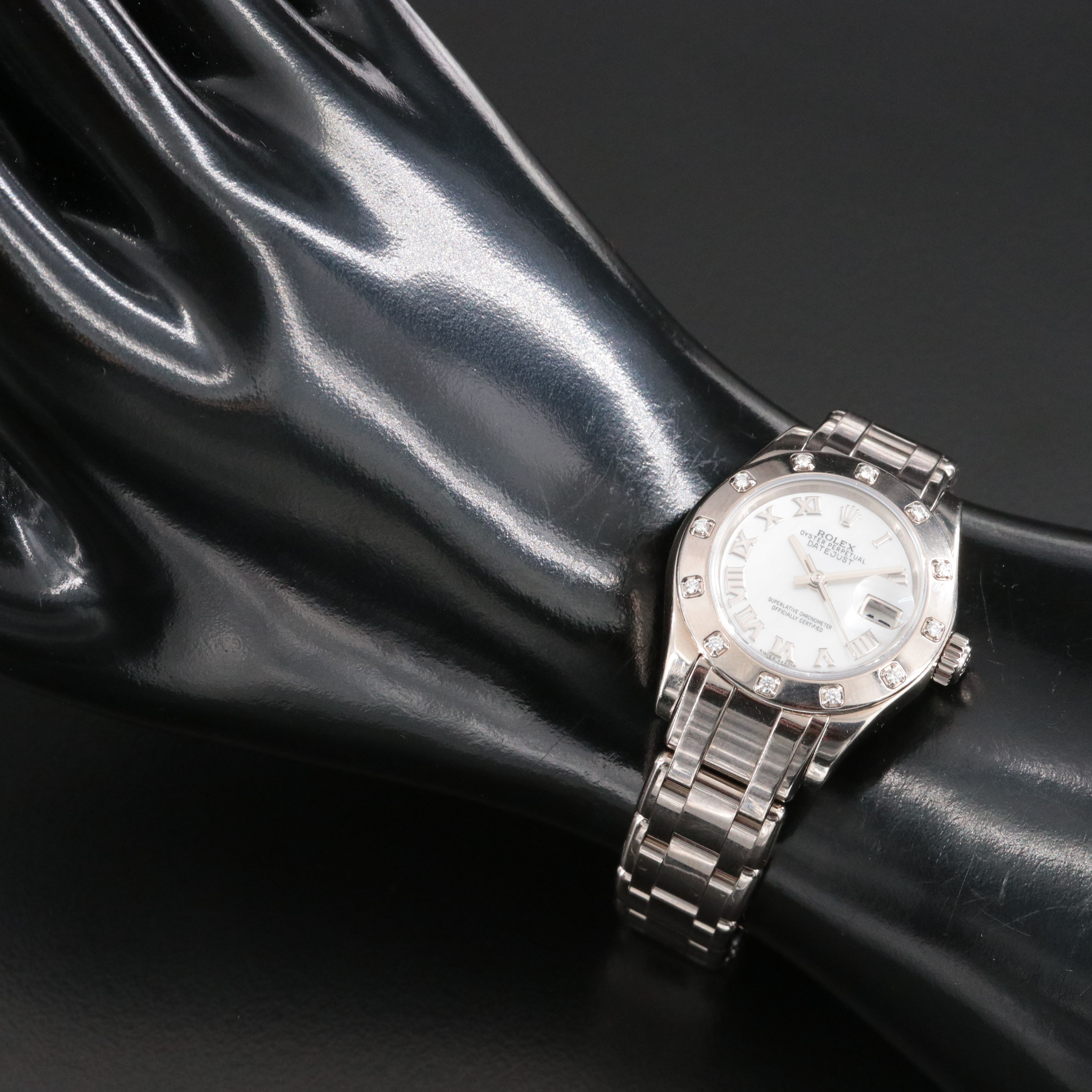 18K Rolex Datejust Pearlmaster Factory Diamond 80319 Mother-of-Pearl Watch c.'07