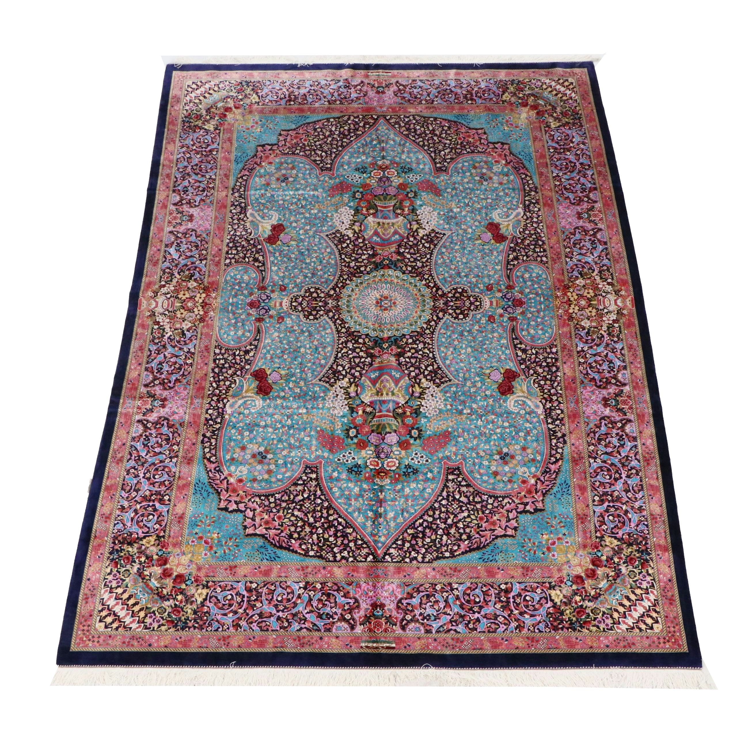 6'6 x 10'3 Hand-Knotted Signed Persian Qom Silk Area Rug