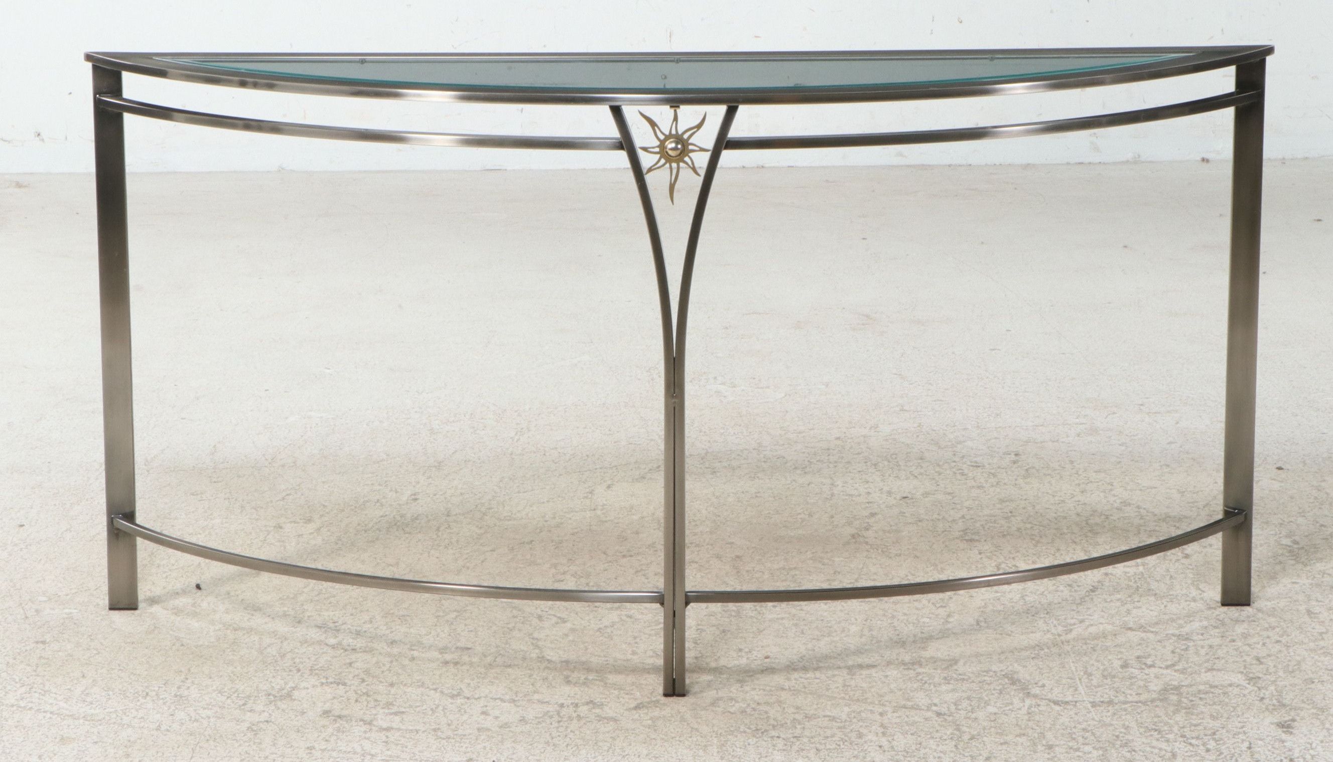 Contemporary Brutalist Style Demilune Console Table with Sunburst Medallion