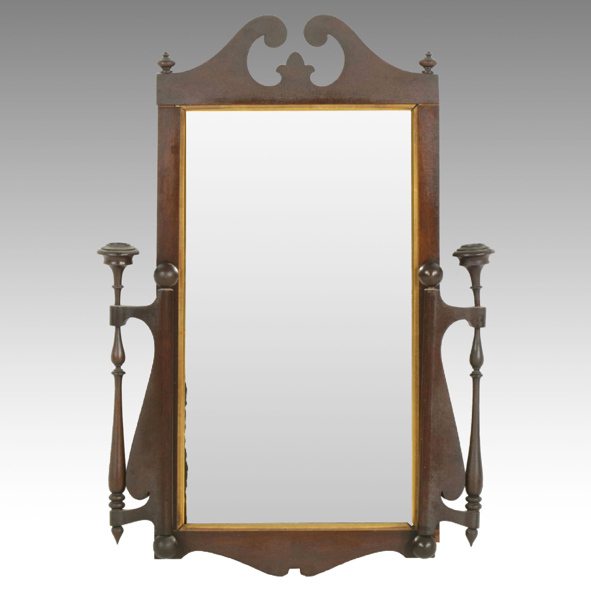 Federal Style Mahogany Wall Mirror with Turned Spindle Candle Holders