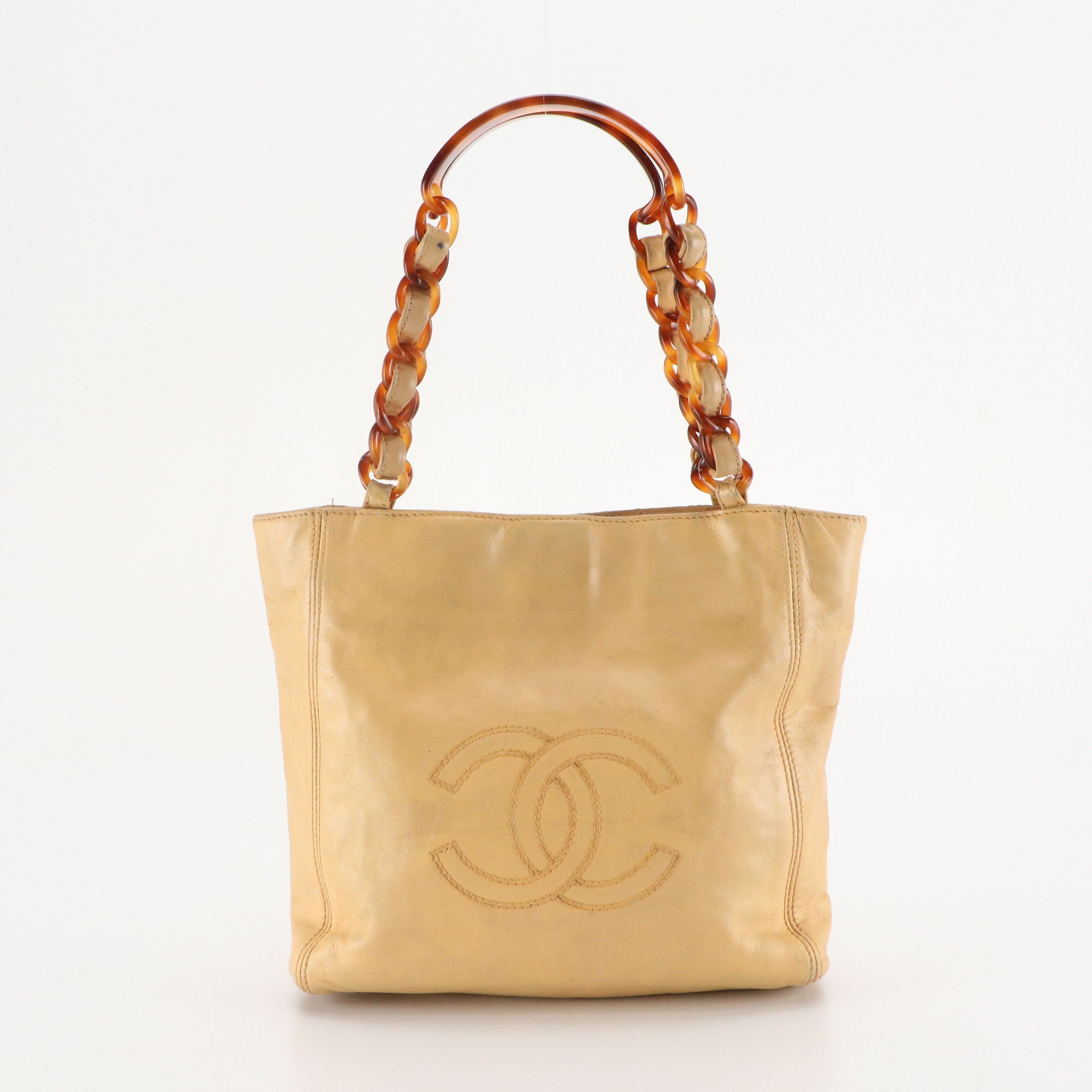 Chanel CC Stitched Logo Leather and Tortoise Acrylic Interwoven Chain Tote Bag