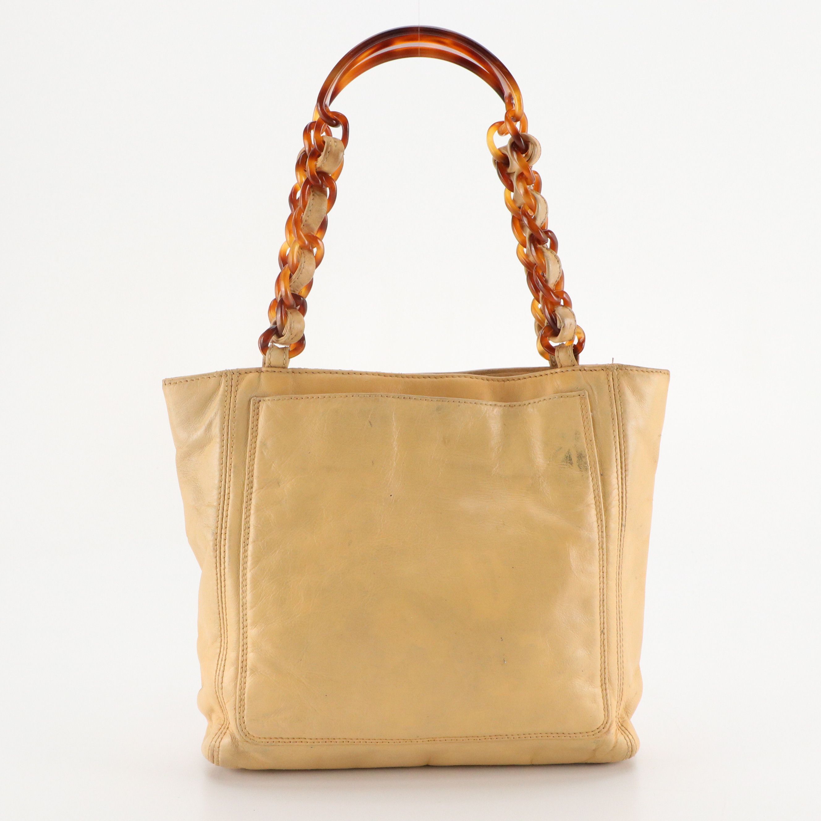 Chanel CC Stitched Logo Leather and Tortoise Acrylic Interwoven Chain Tote Bag