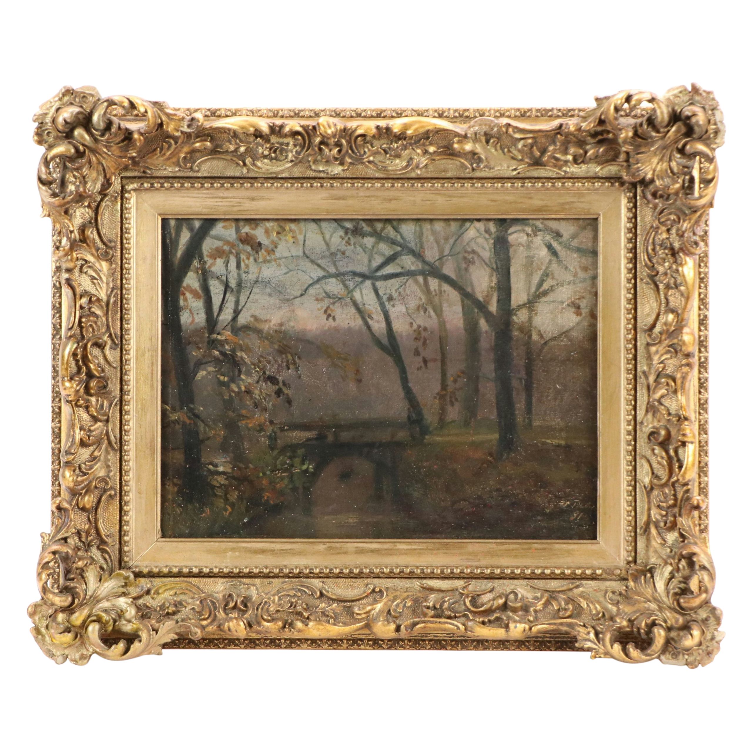 Julius Paulsen Oil Painting of Woodland Bridge, 1891