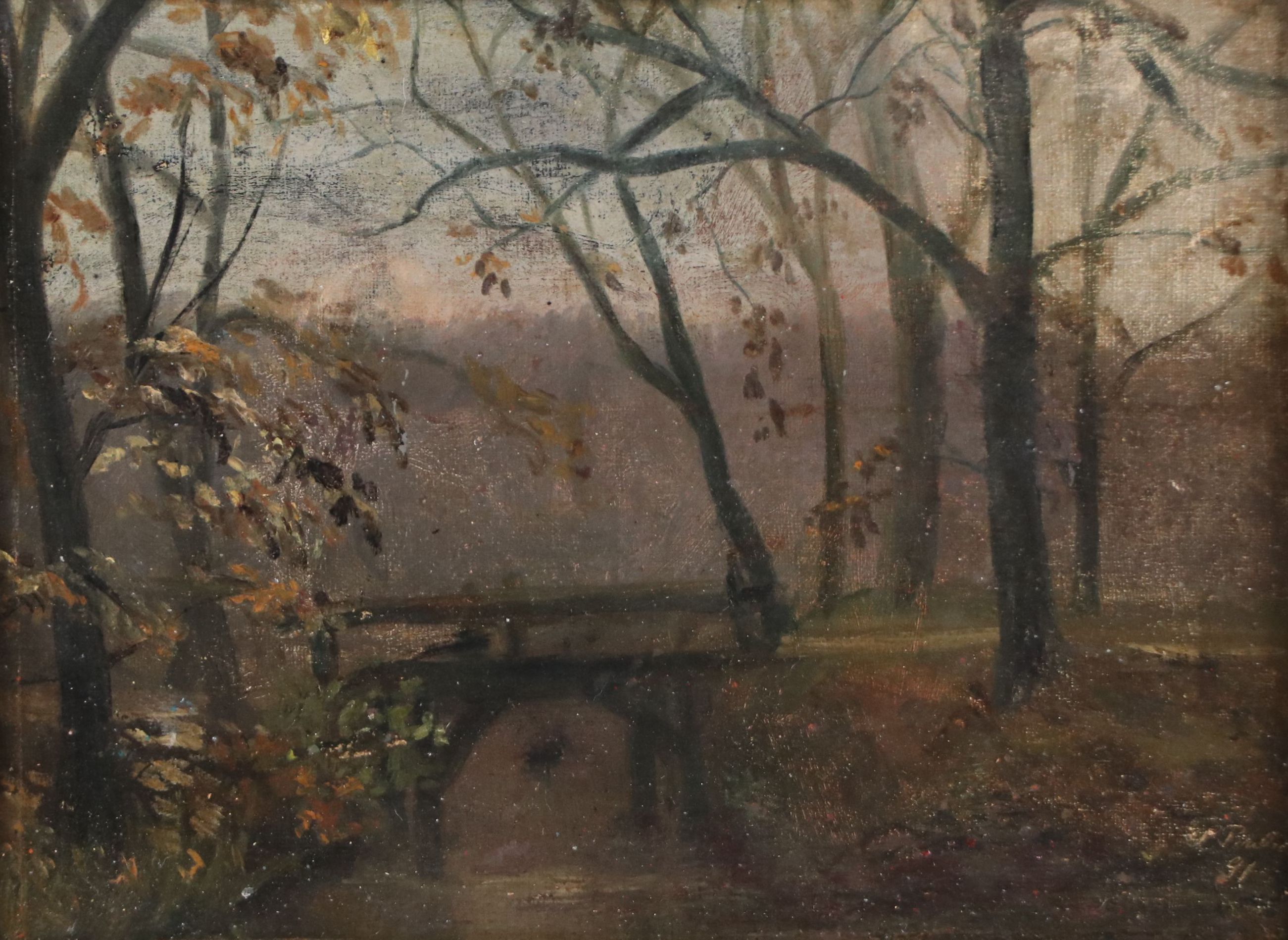 Julius Paulsen Oil Painting of Woodland Bridge, 1891