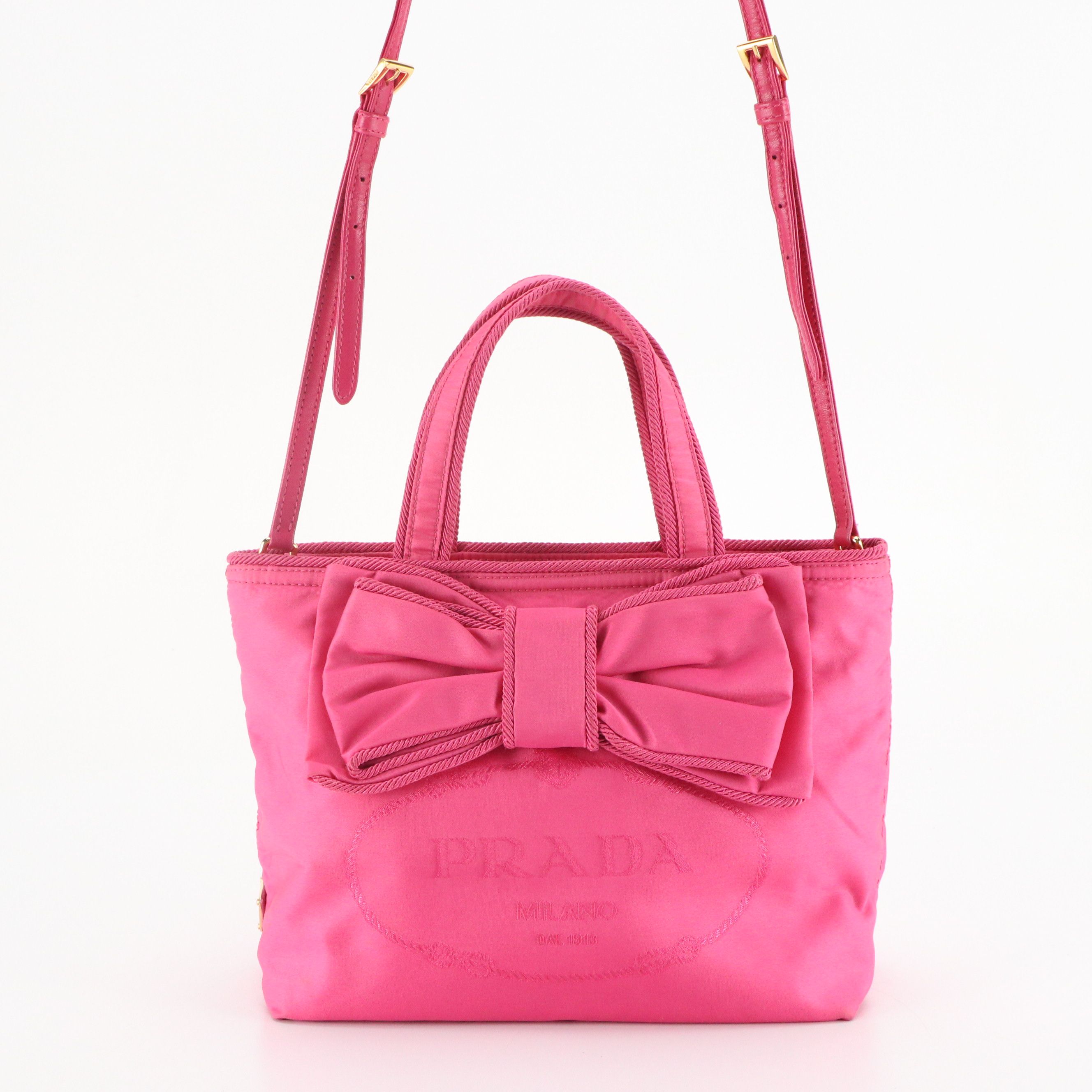Prada Canapa Logo Two-Way Bow Tote Bag in Hot Pink Tessuto Nylon and Leather