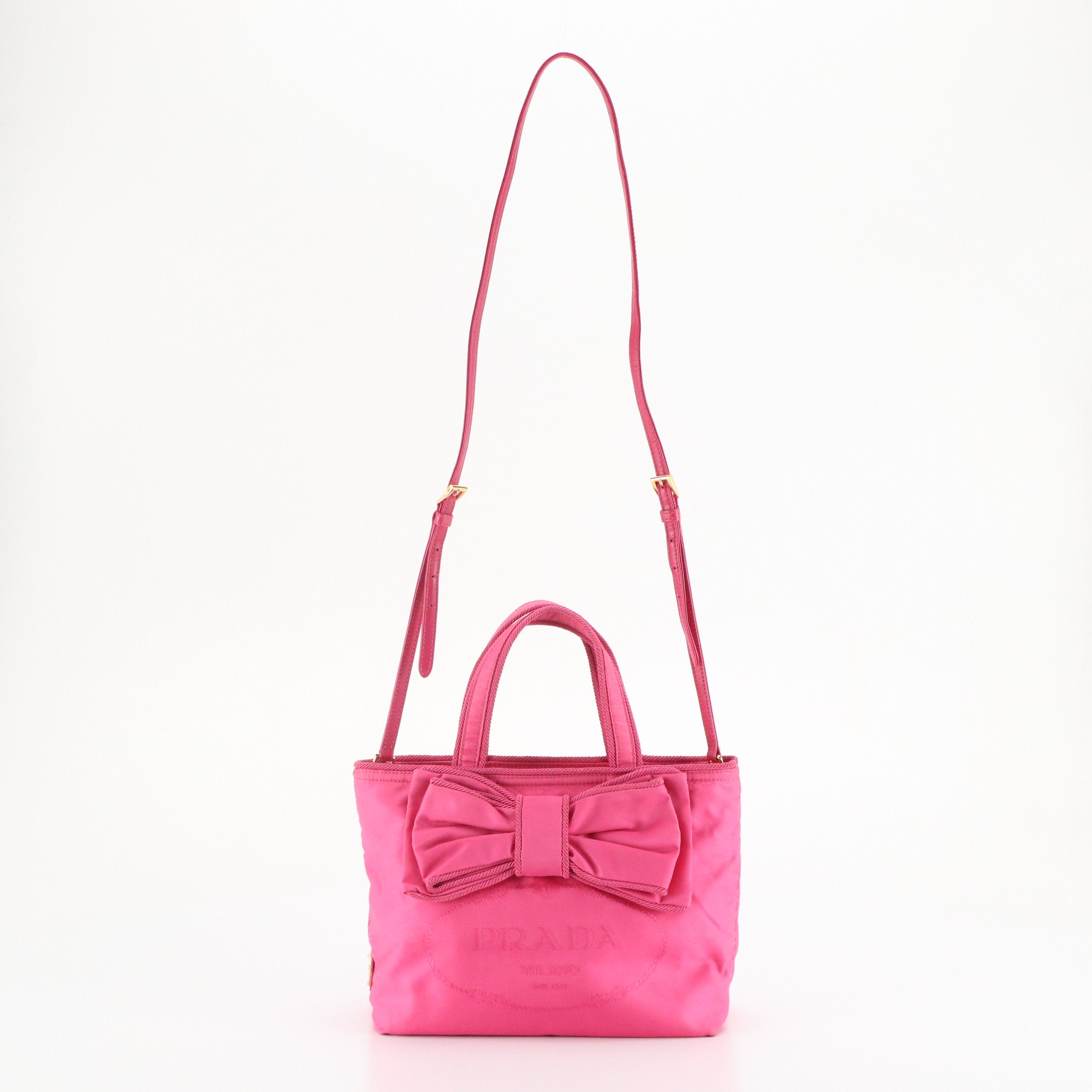 Prada Canapa Logo Two-Way Bow Tote Bag in Hot Pink Tessuto Nylon and Leather