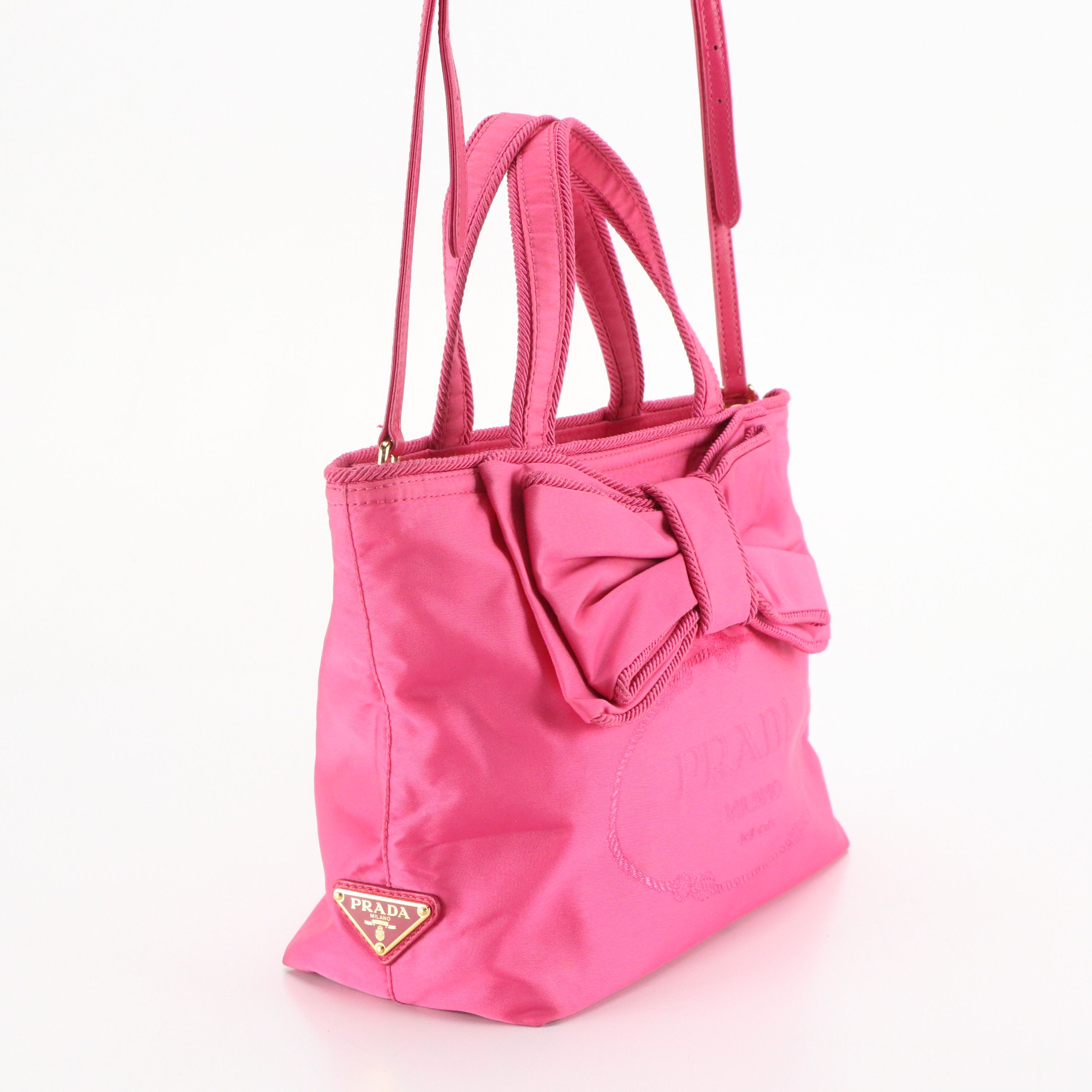 Prada Canapa Logo Two-Way Bow Tote Bag in Hot Pink Tessuto Nylon and Leather