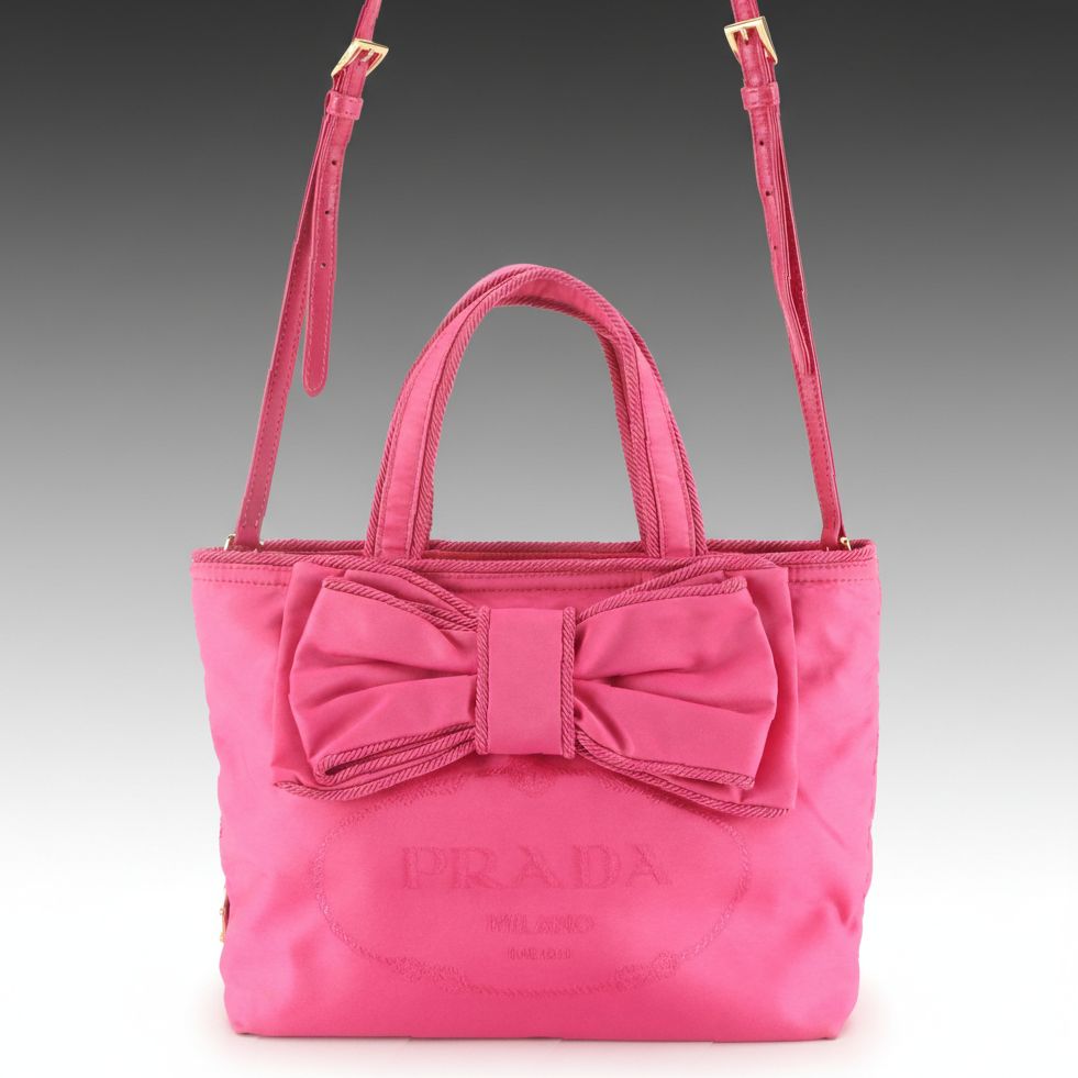 Prada Canapa Logo Two-Way Bow Tote Bag in Hot Pink Tessuto Nylon and Leather