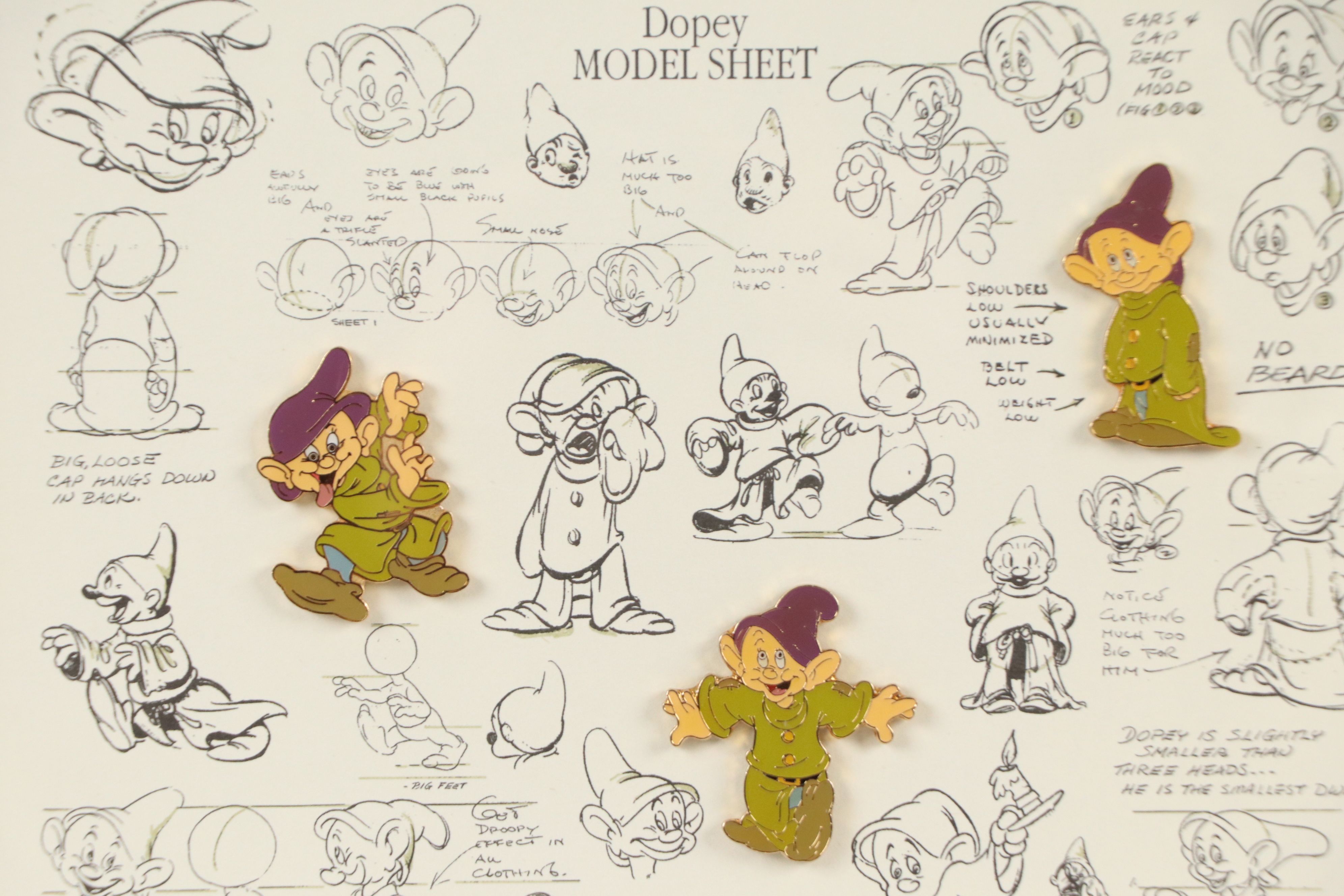 The Walt Disney Company Offset Lithograph with Pins "Dopey Model Sheet," 1999