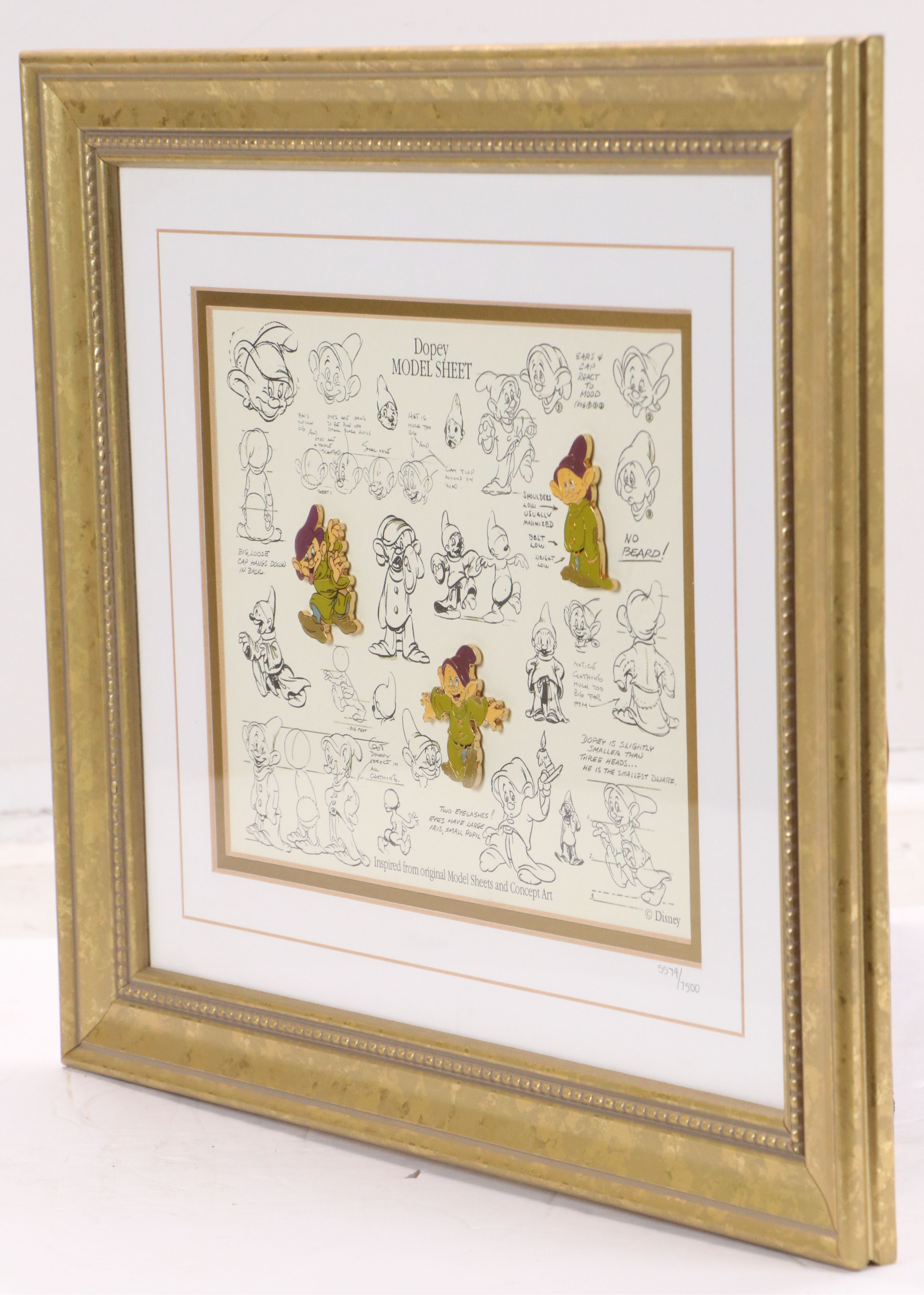 The Walt Disney Company Offset Lithograph with Pins "Dopey Model Sheet," 1999