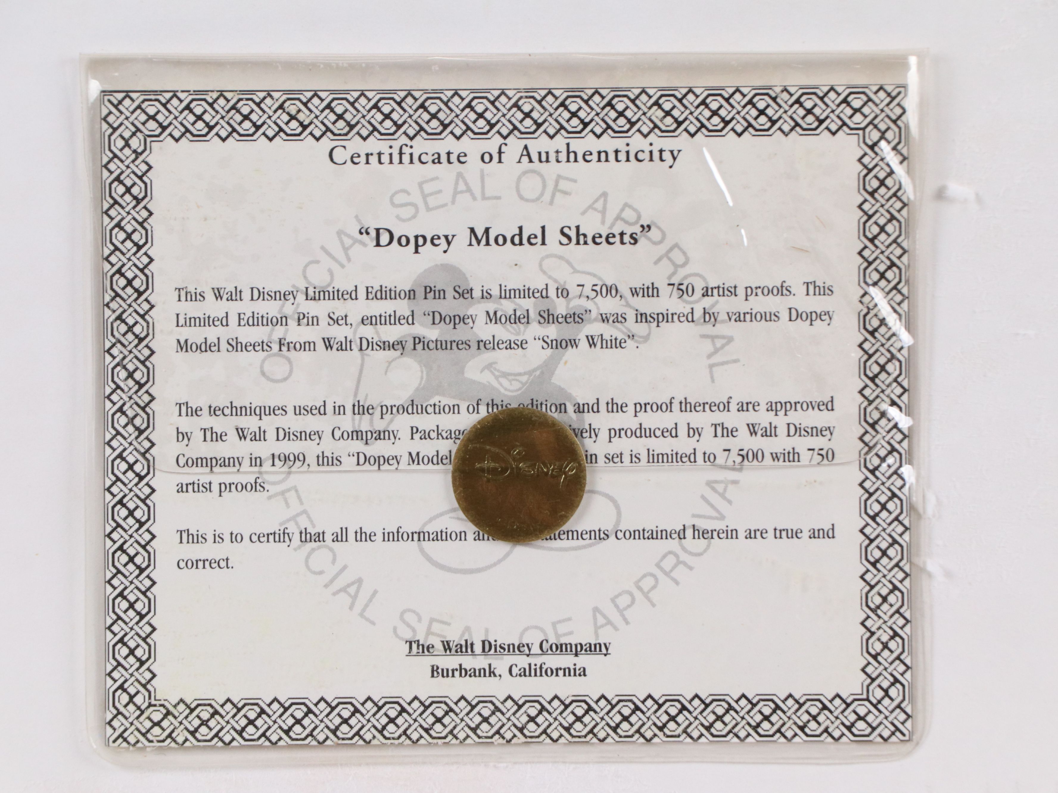 The Walt Disney Company Offset Lithograph with Pins "Dopey Model Sheet," 1999