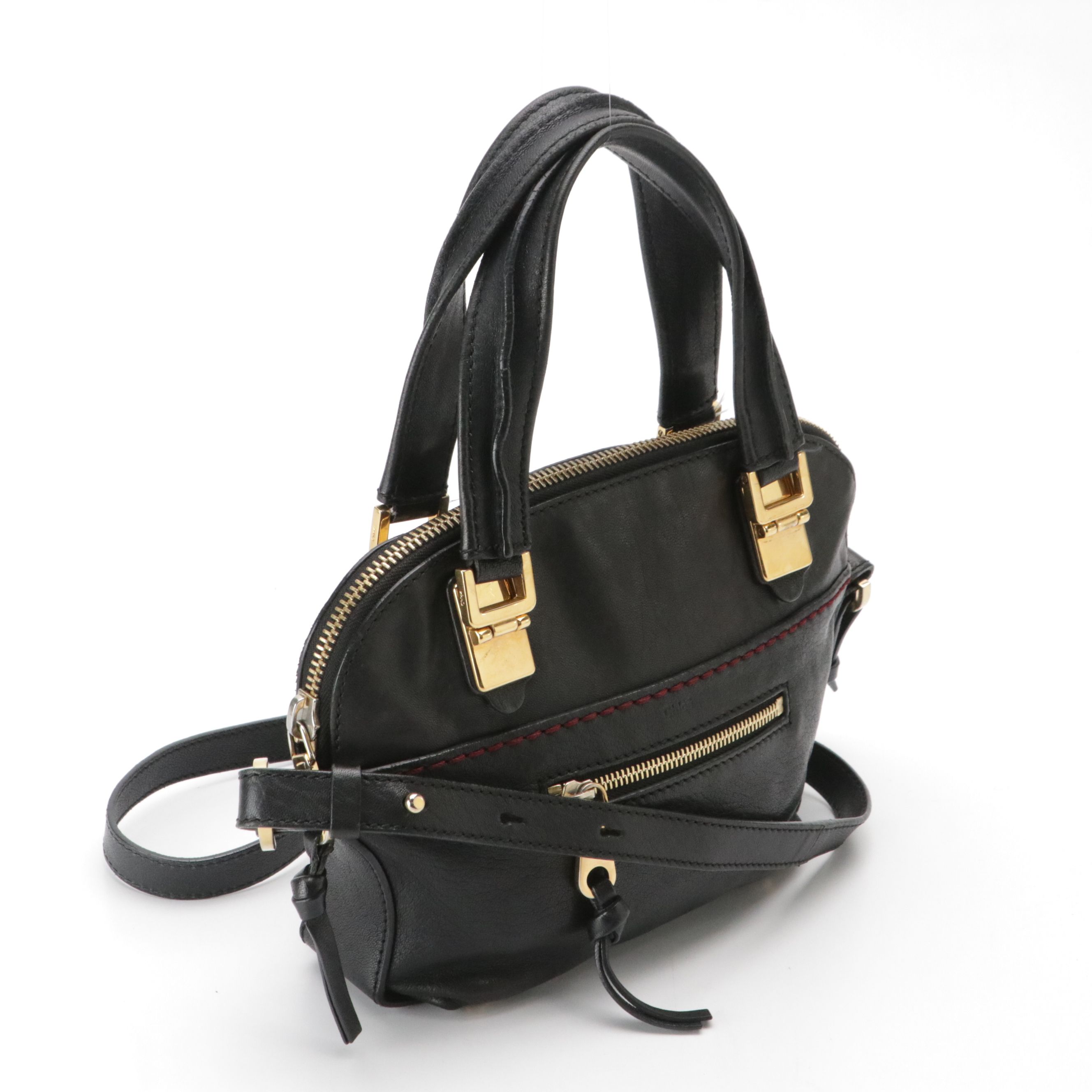 Chloé Small Angie Two-Way Zip Satchel Bag in Black Grained Leather