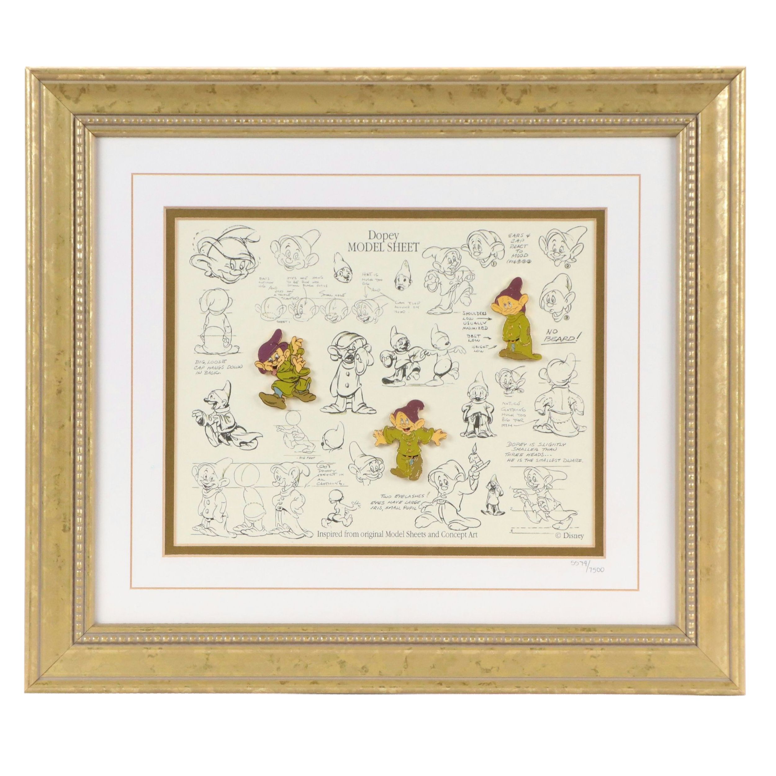 The Walt Disney Company Offset Lithograph with Pins "Dopey Model Sheet," 1999