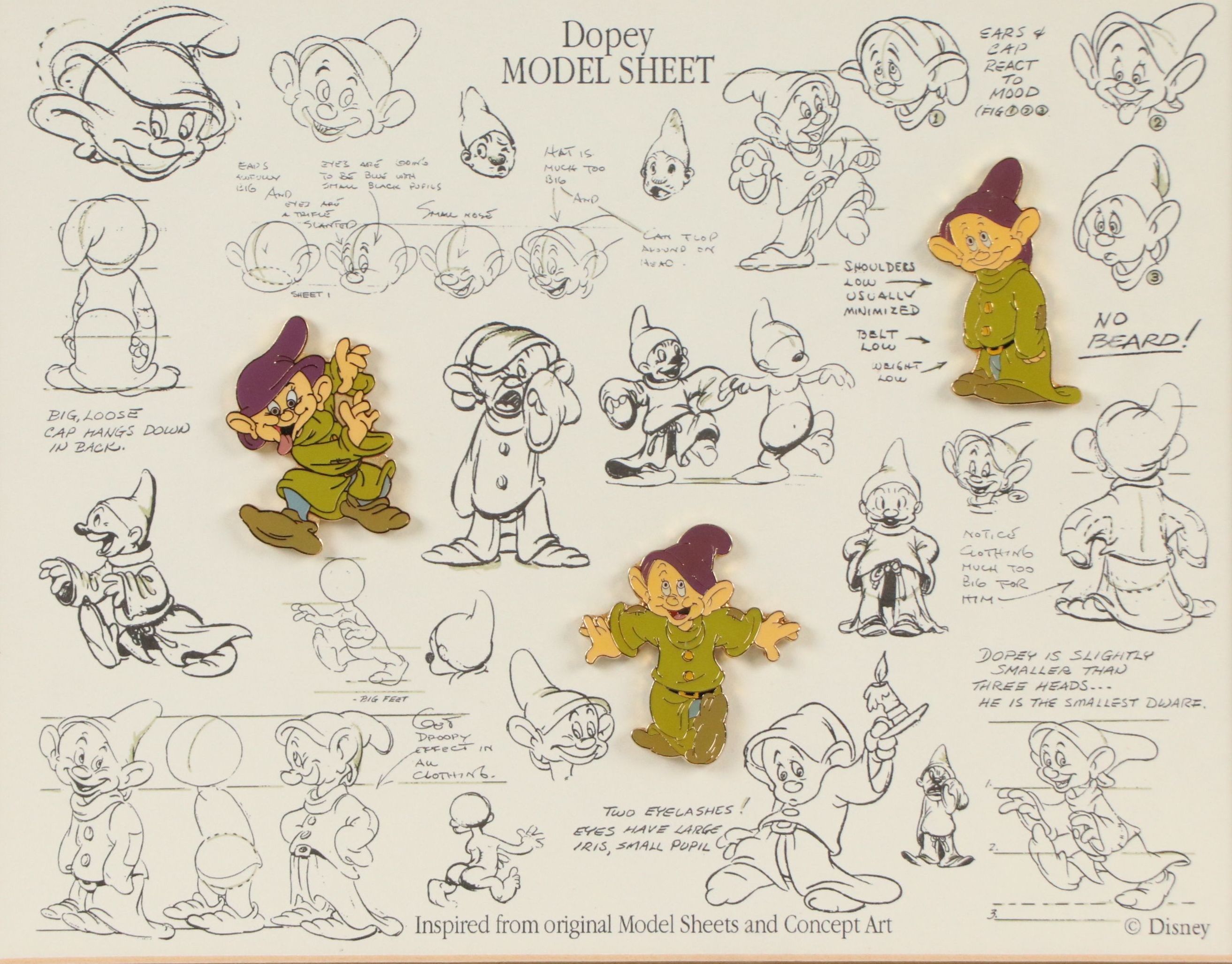 The Walt Disney Company Offset Lithograph with Pins "Dopey Model Sheet," 1999
