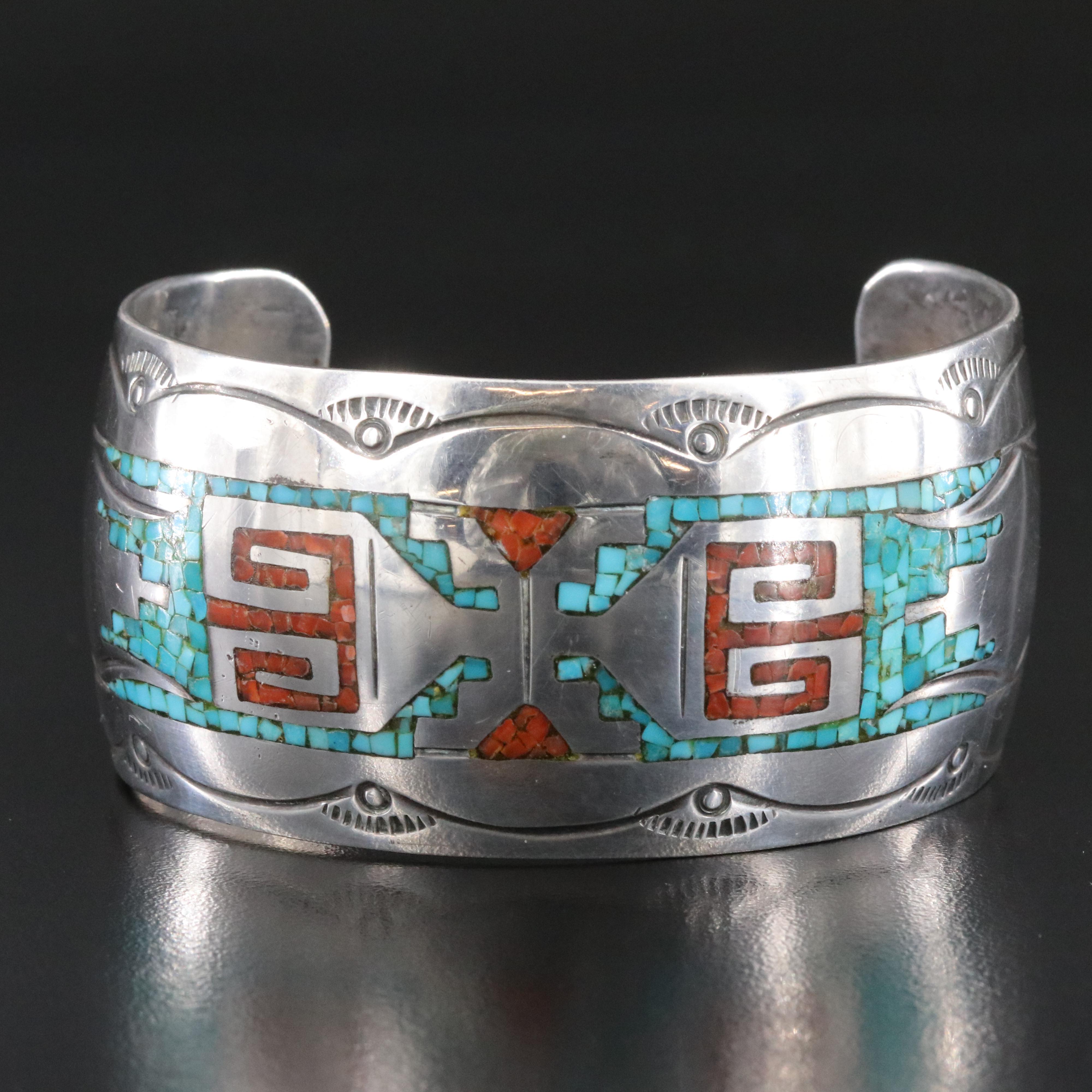 Signed Southwestern Sterling Inlay and Stampwork Cuff Bracelet Including Coral