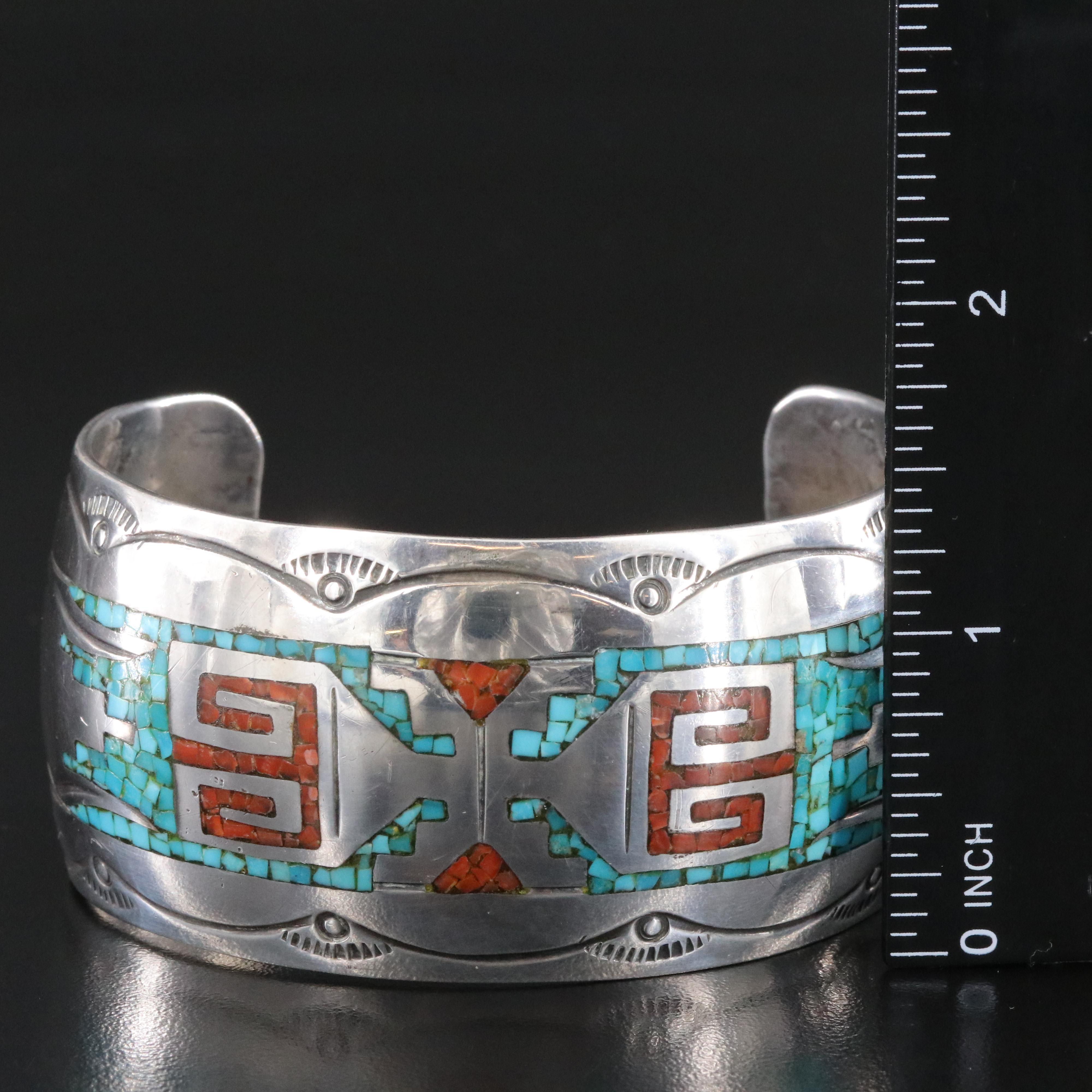 Signed Southwestern Sterling Inlay and Stampwork Cuff Bracelet Including Coral