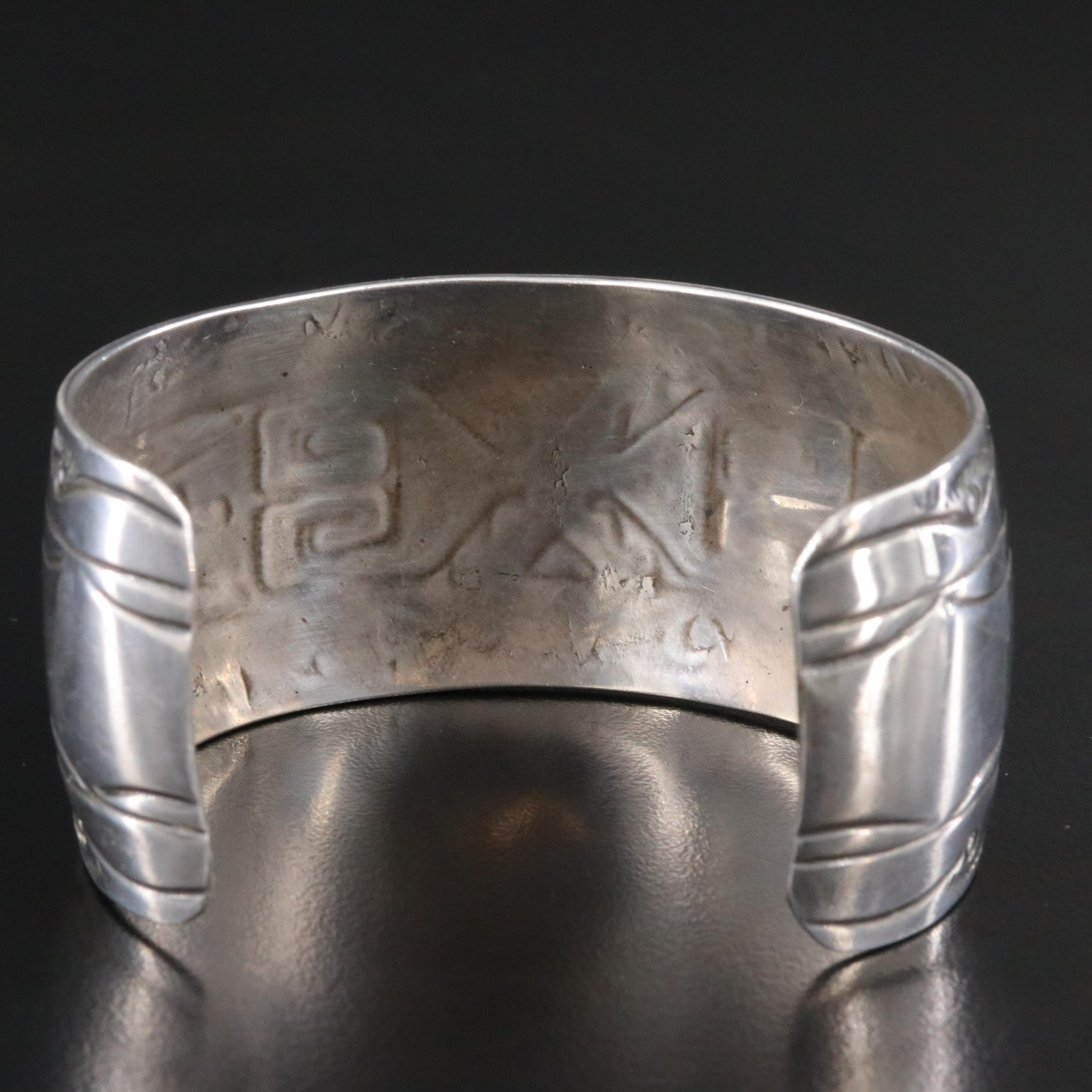 Signed Southwestern Sterling Inlay and Stampwork Cuff Bracelet Including Coral