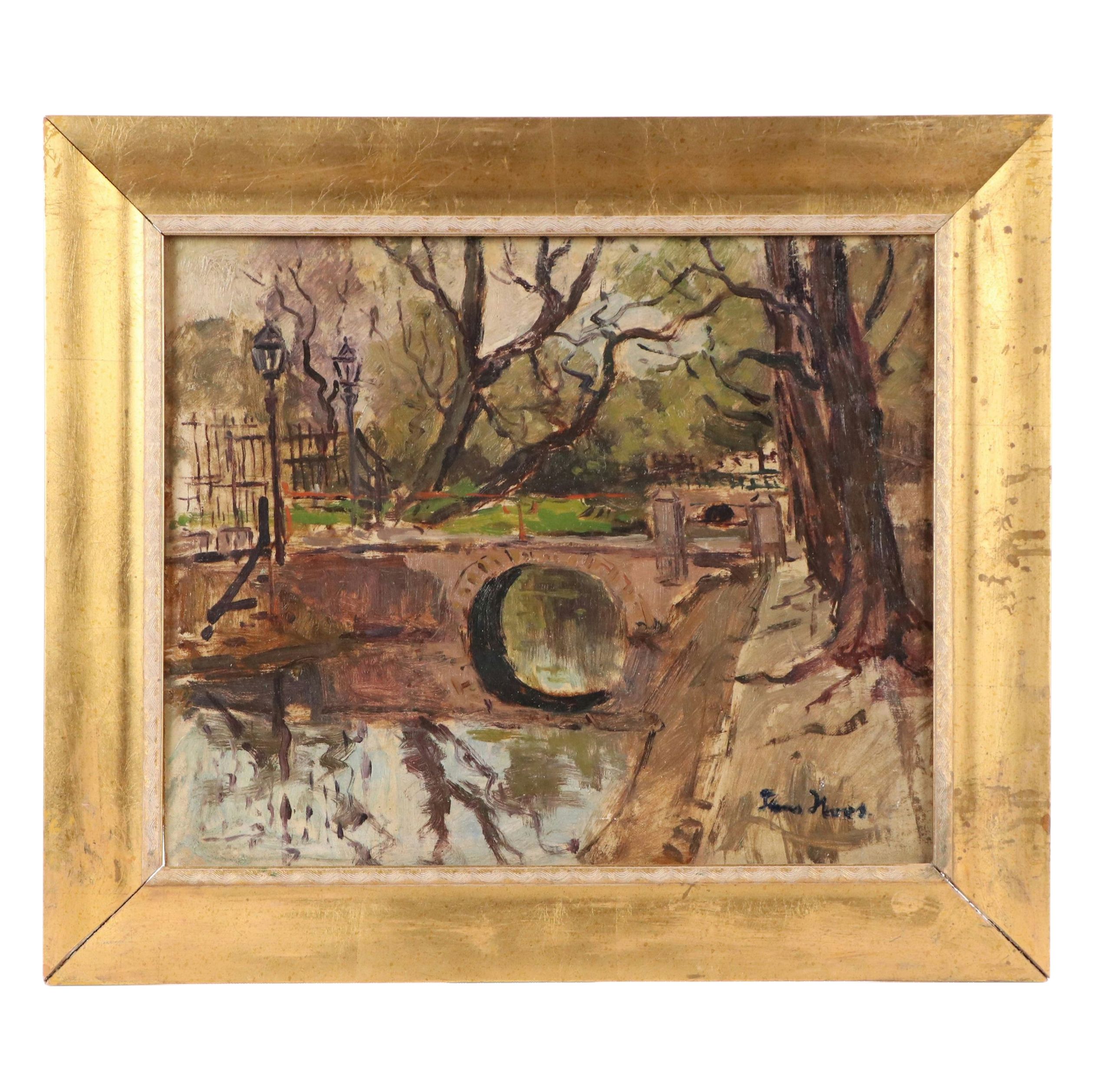 Frans Simon Hoos Oil Painting of Park Bridge, Early 20th Century