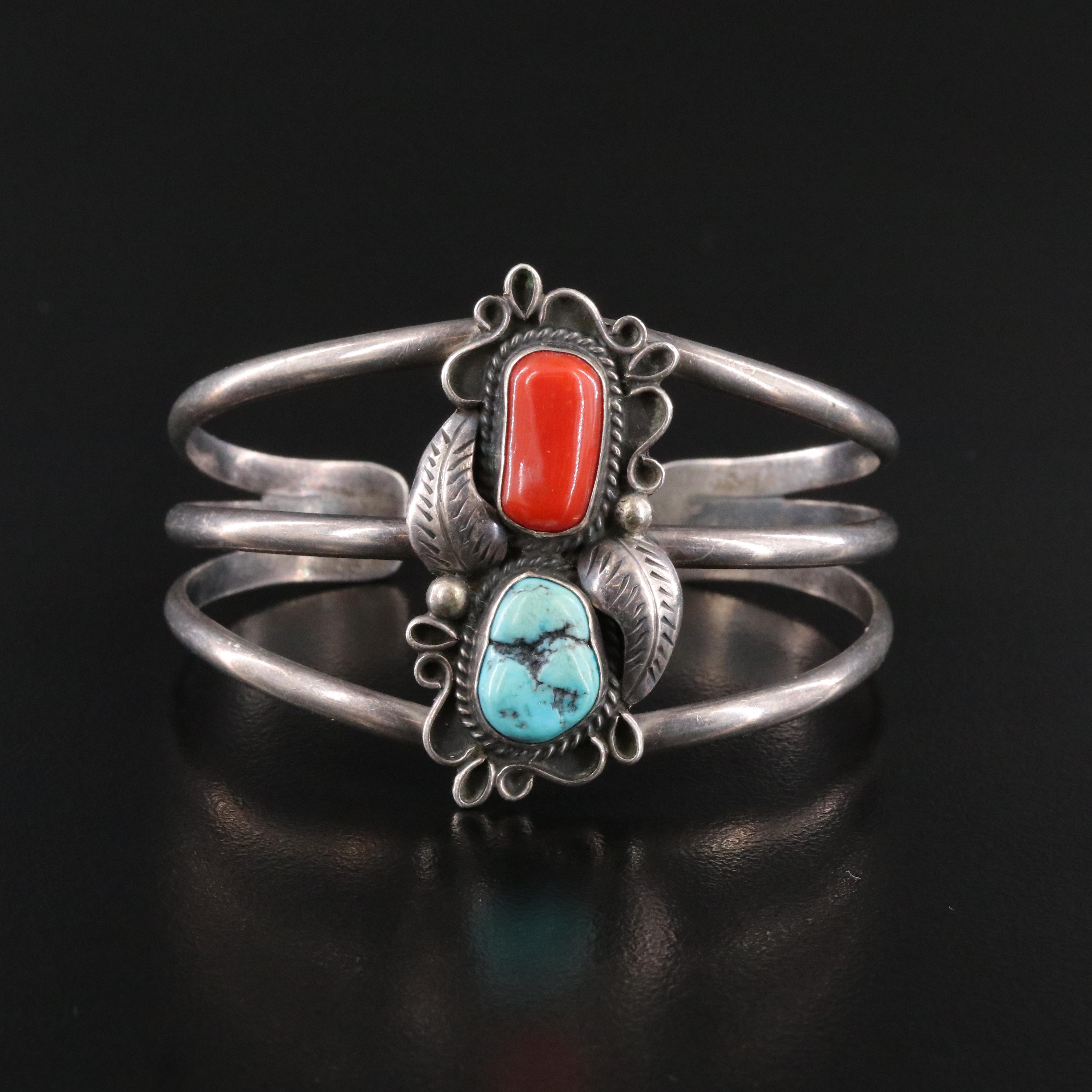 Signed Southwestern Sterling Turquoise and Coral Cuff Bracelet