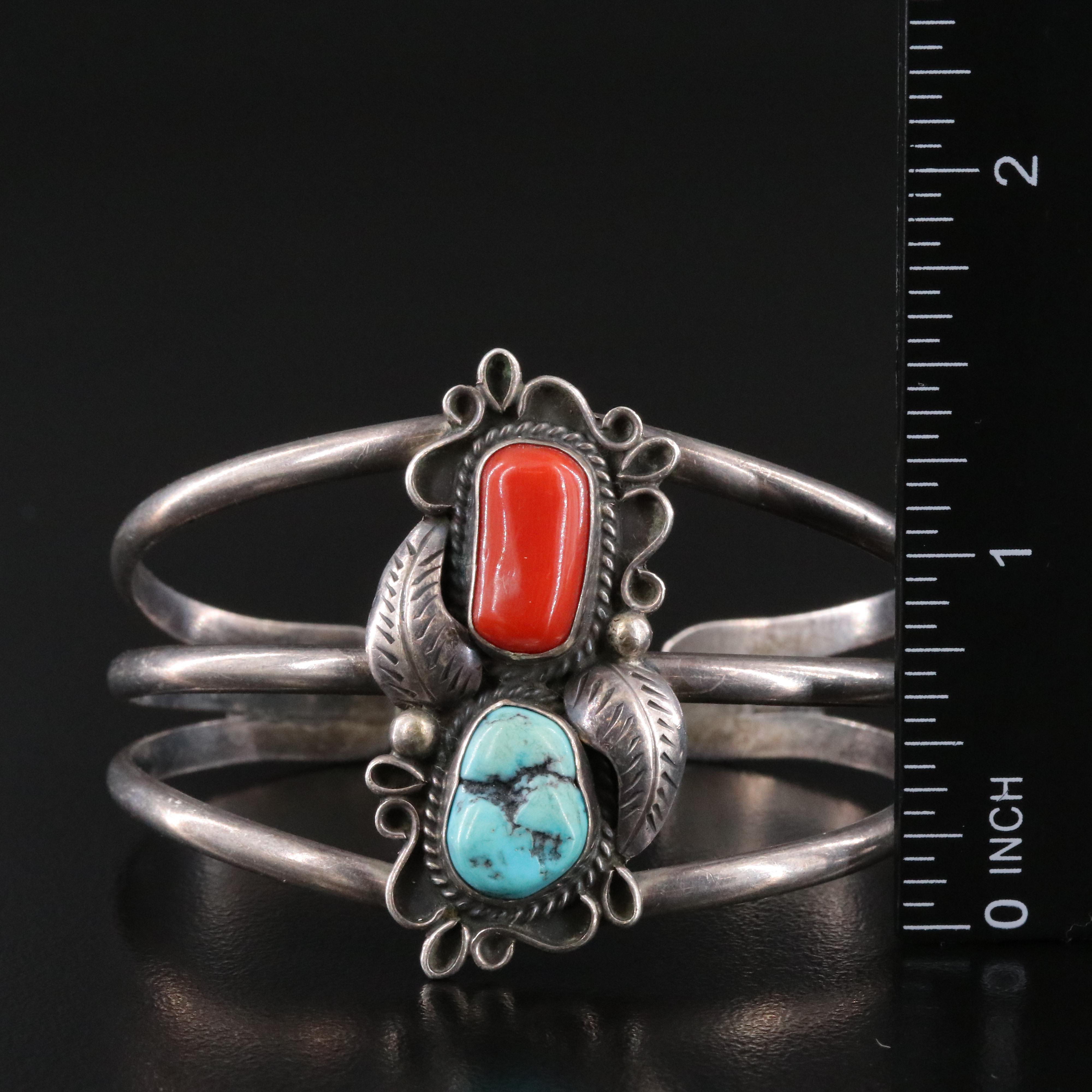 Signed Southwestern Sterling Turquoise and Coral Cuff Bracelet