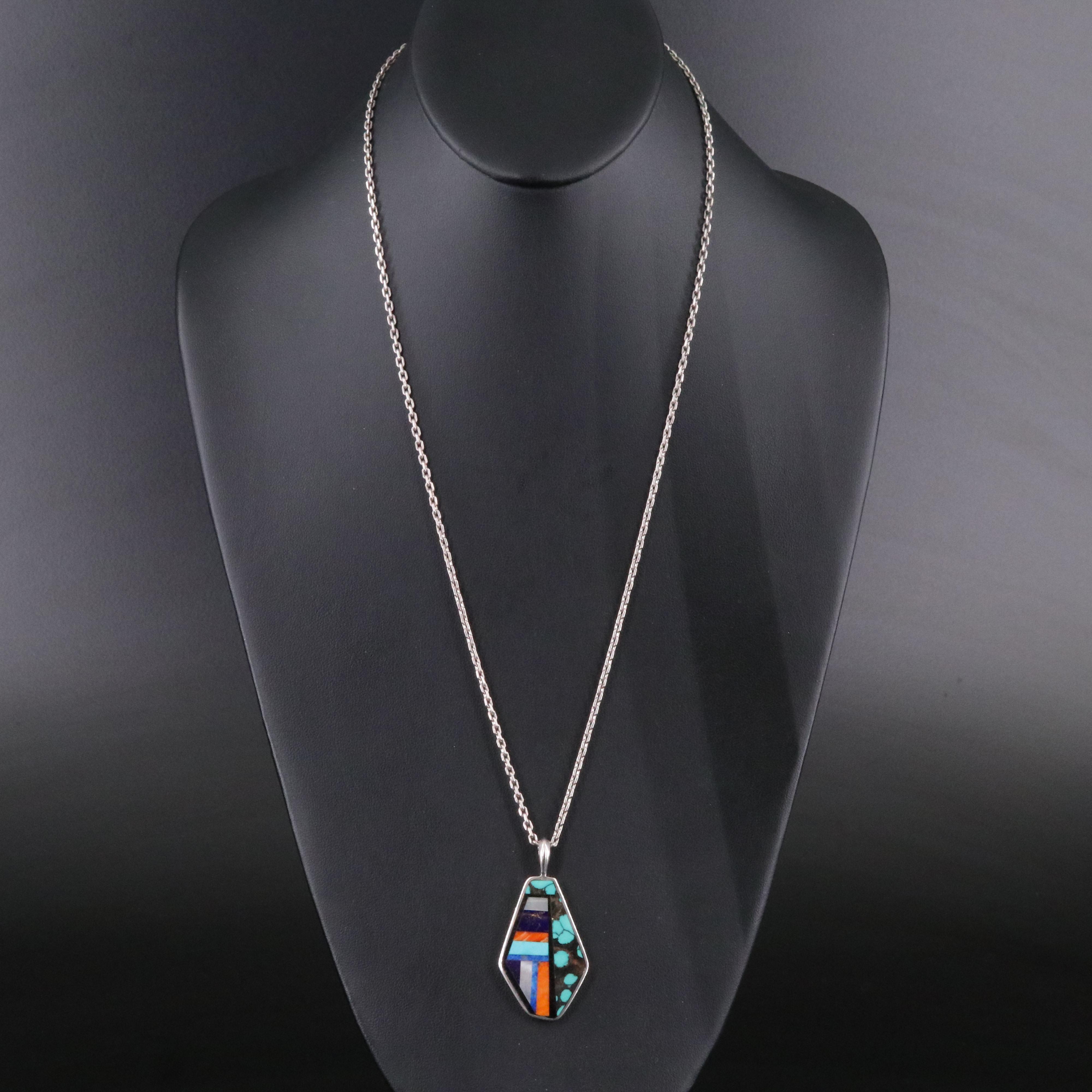 Jimmy Poyer Navajo Diné Sterling Inlay Pendant Necklace Including Spiny Oyster