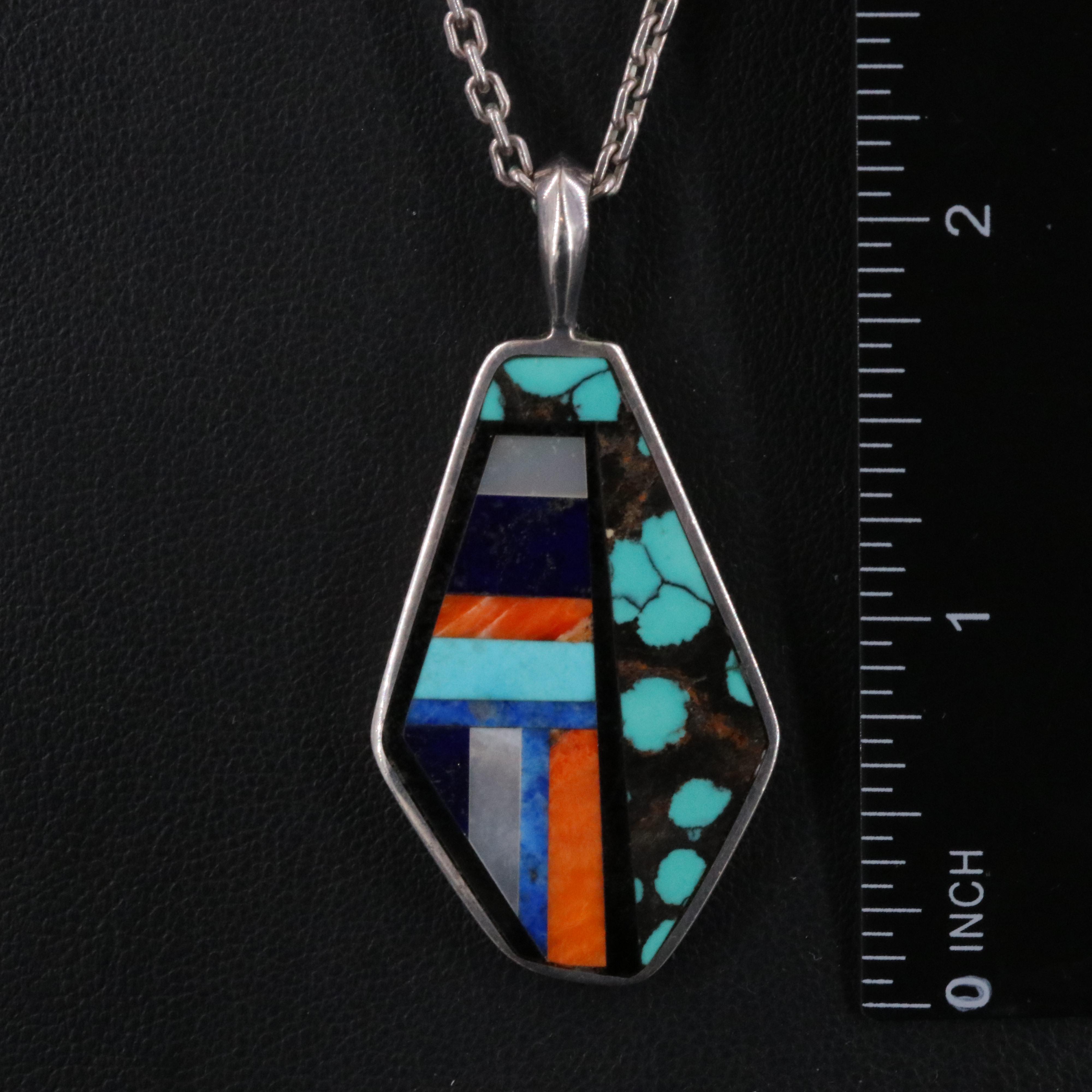 Jimmy Poyer Navajo Diné Sterling Inlay Pendant Necklace Including Spiny Oyster