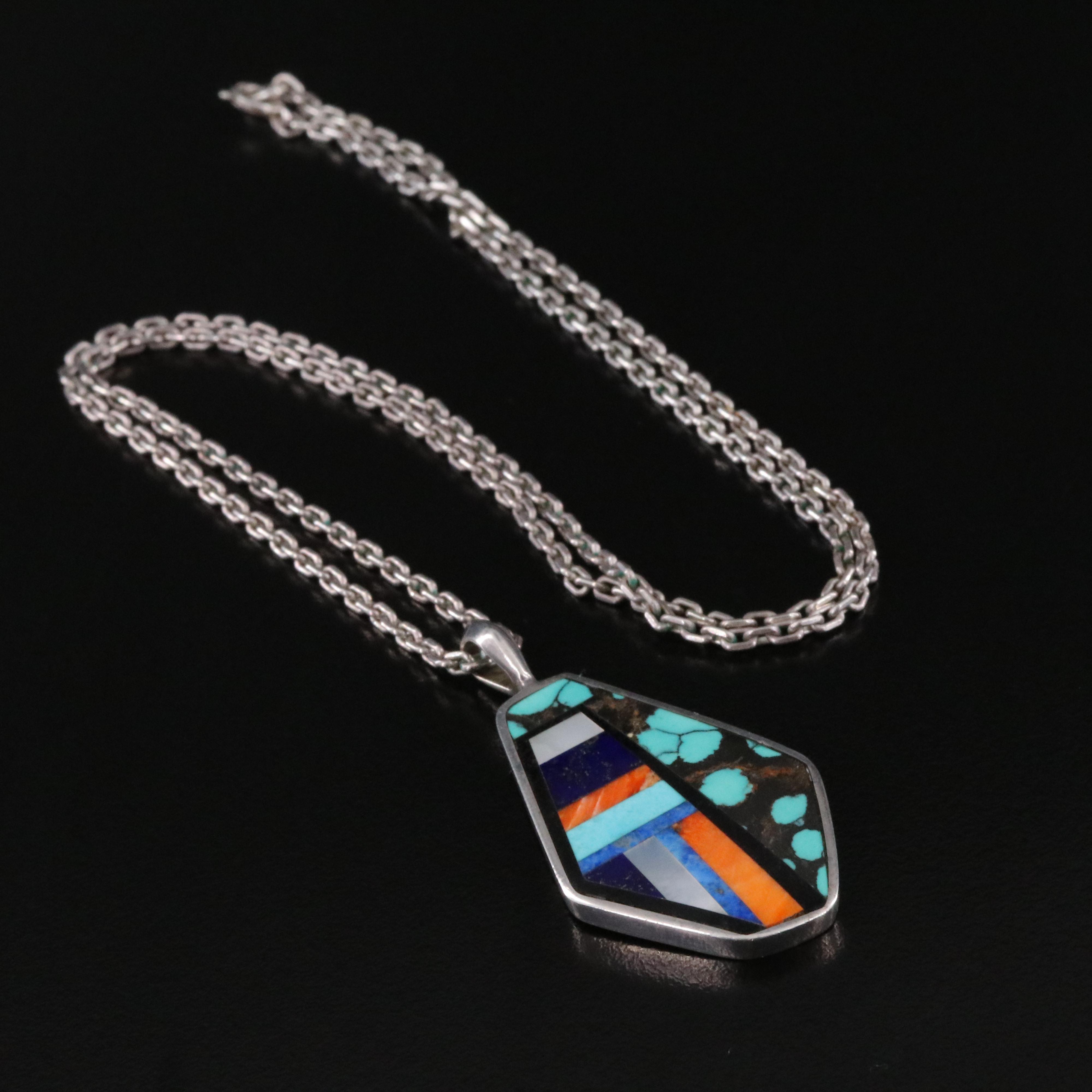 Jimmy Poyer Navajo Diné Sterling Inlay Pendant Necklace Including Spiny Oyster
