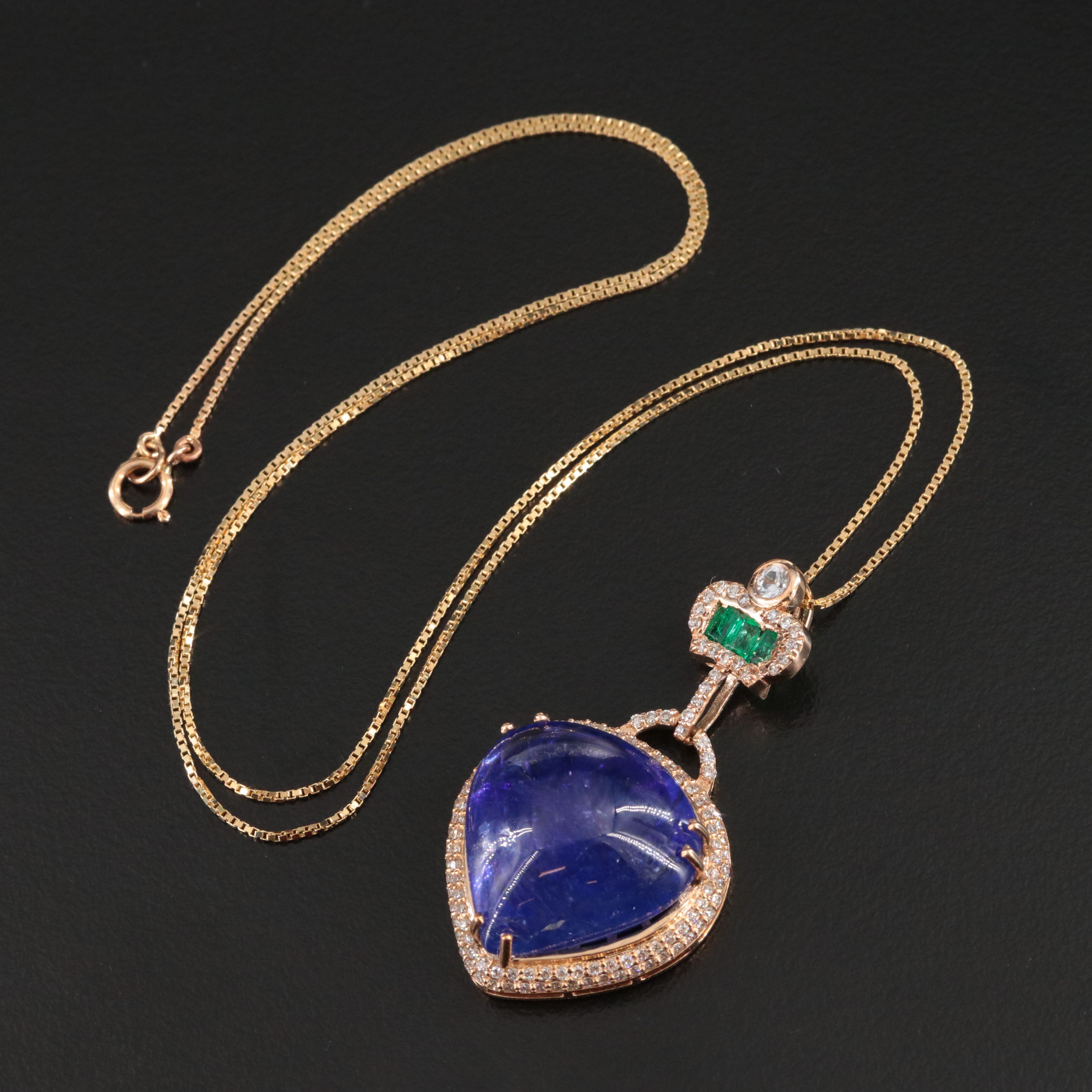14K 25.02 CT Tanzanite, Emerald, White Sapphire, and Diamond Pendant Necklace