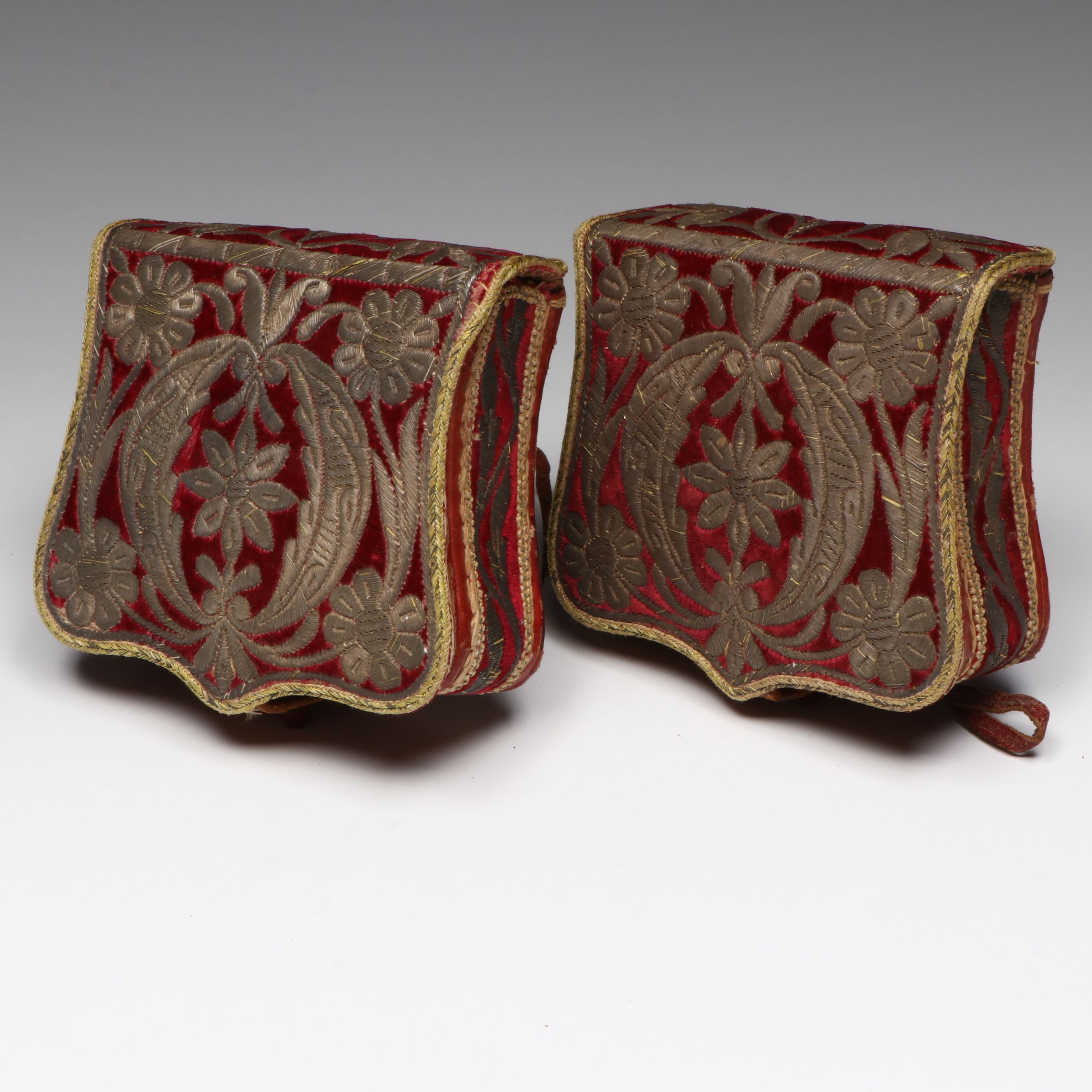 Antique Ottoman Leather & Embroidered Velvet Cartouche Boxes, 19th C.or Earlier