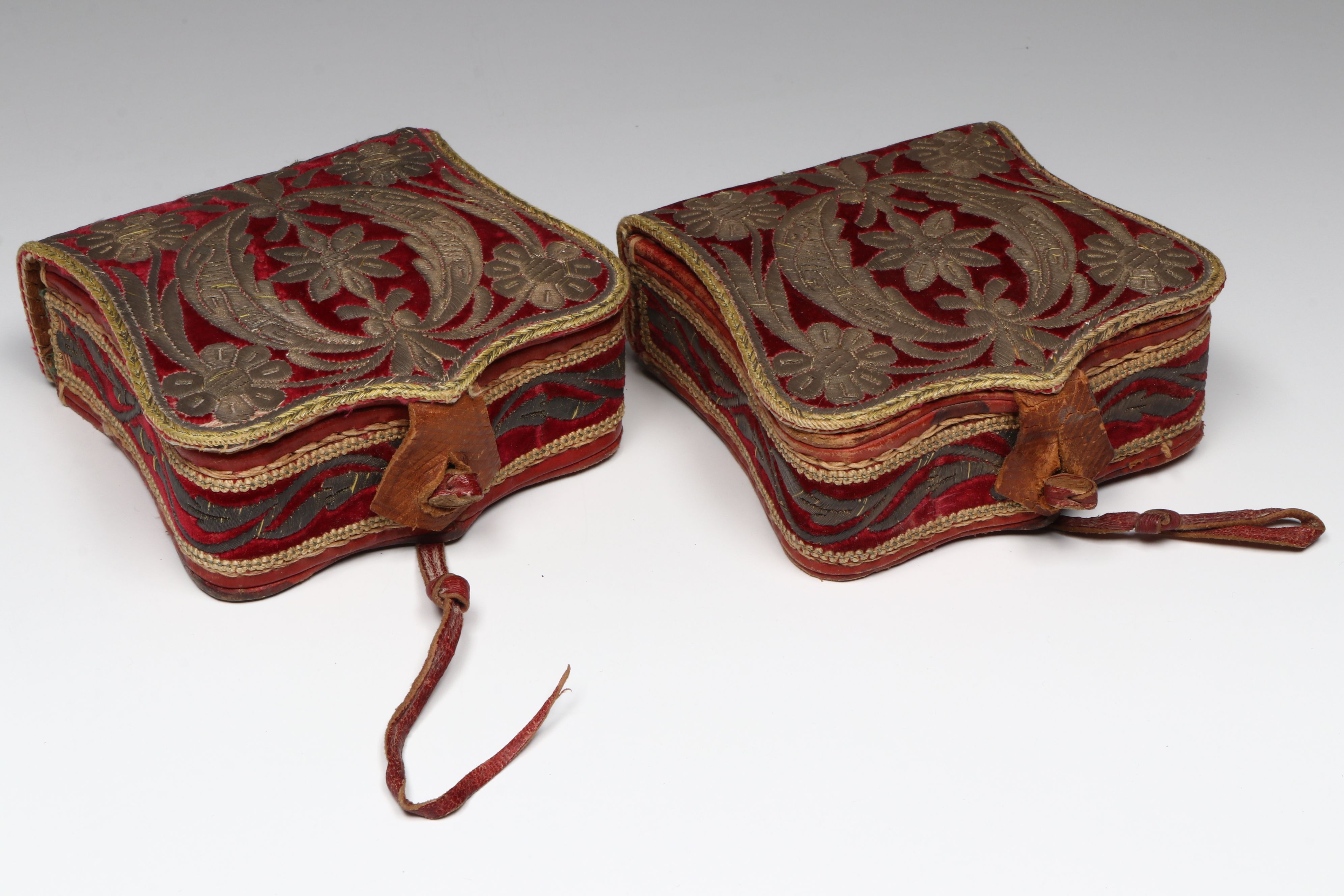 Antique Ottoman Leather & Embroidered Velvet Cartouche Boxes, 19th C.or Earlier