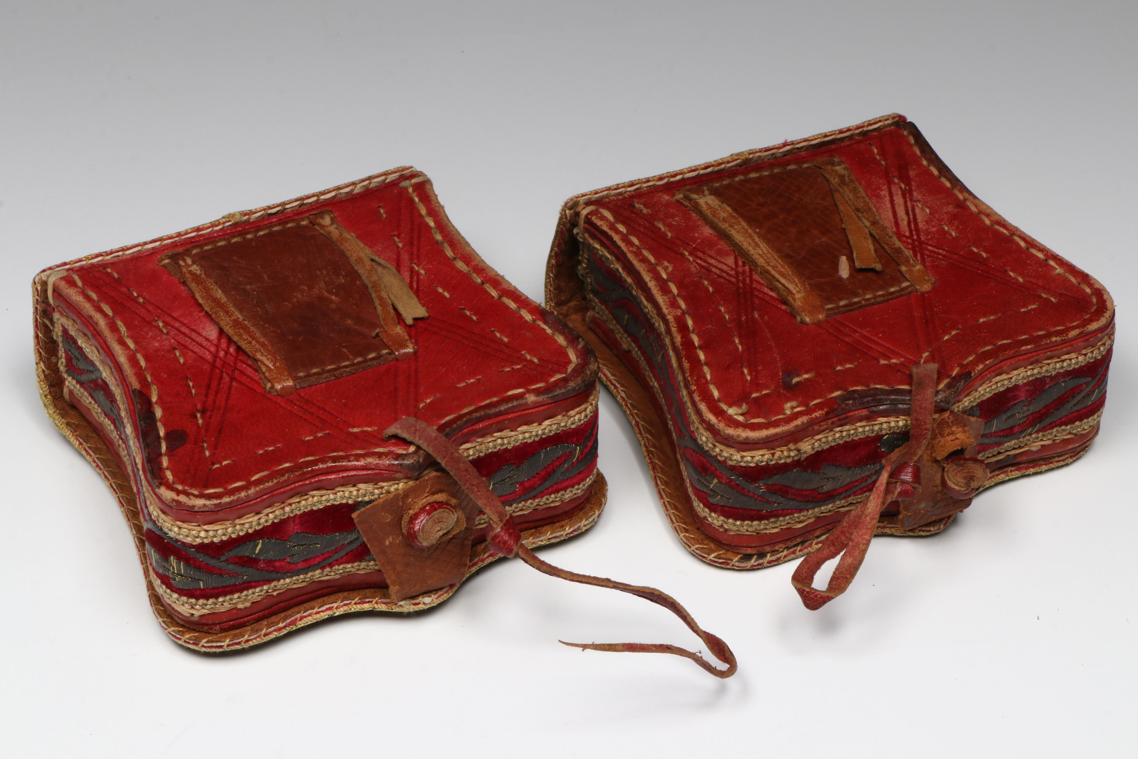 Antique Ottoman Leather & Embroidered Velvet Cartouche Boxes, 19th C.or Earlier