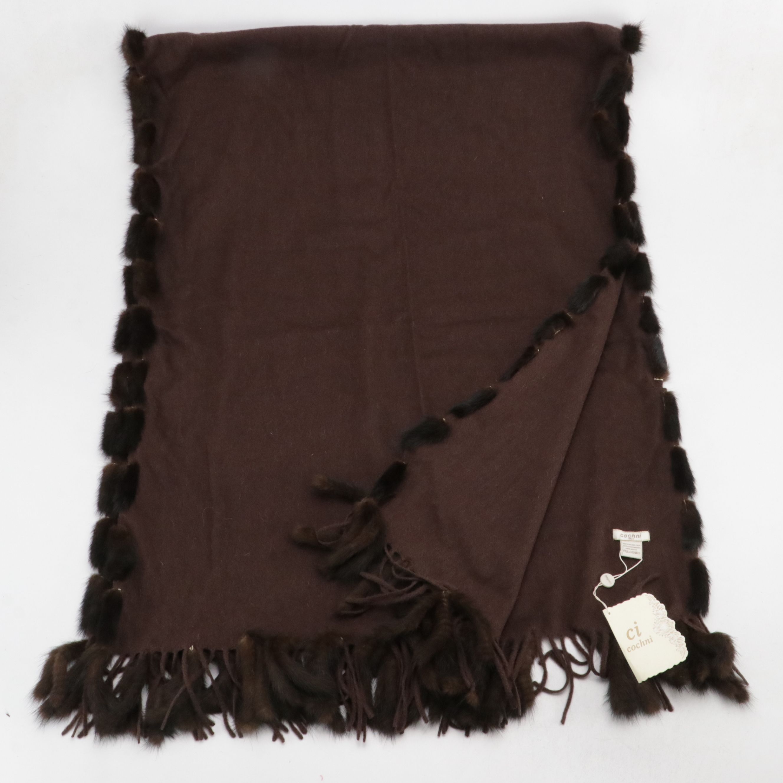 Cochni Brown Wool, Cashmere and Mink Fur Fringe Scarf Shawl, With Tag