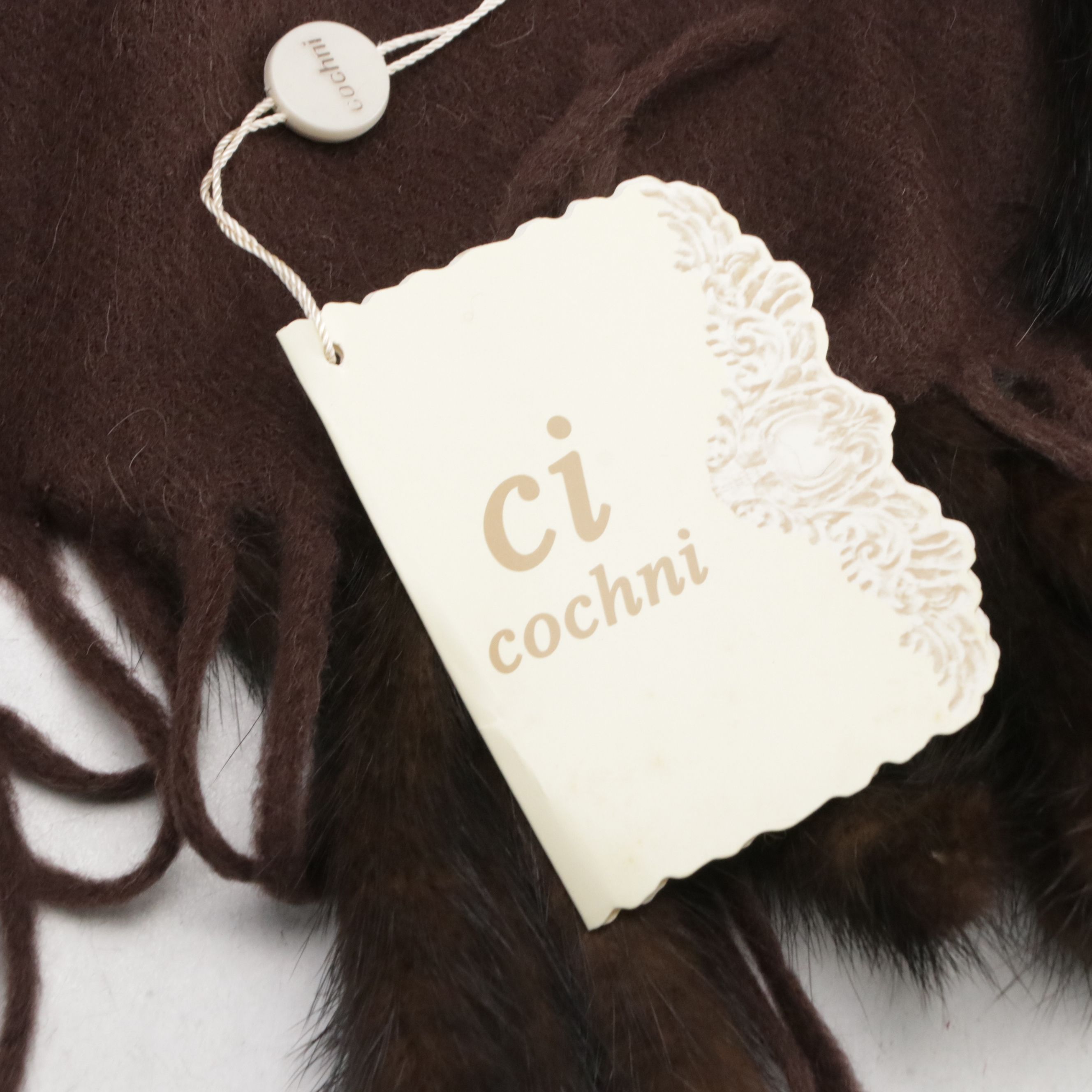 Cochni Brown Wool, Cashmere and Mink Fur Fringe Scarf Shawl, With Tag