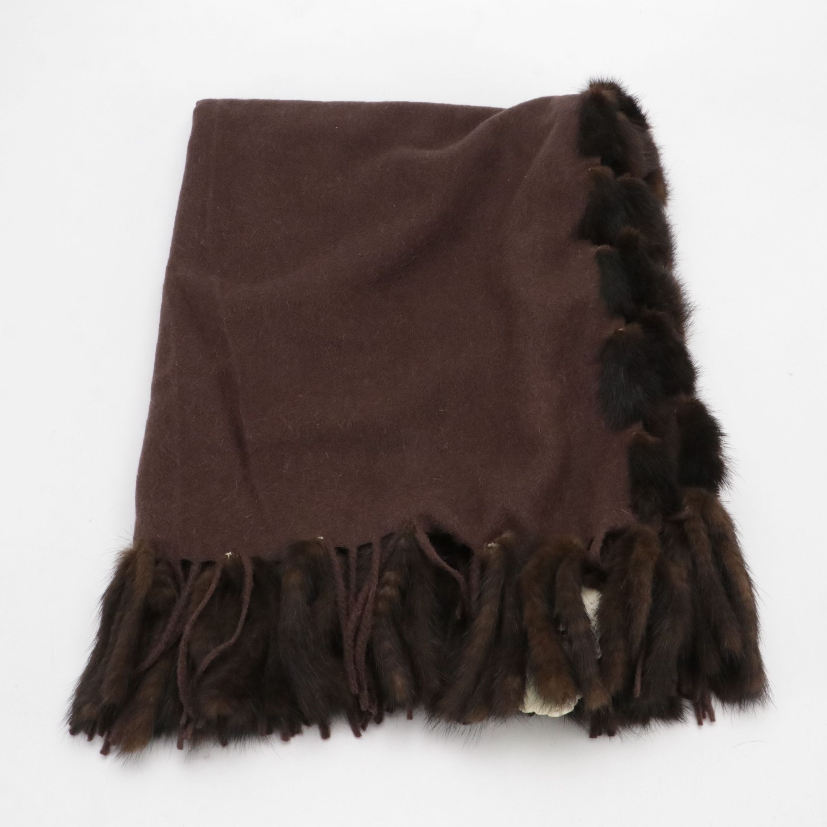 Cochni Brown Wool, Cashmere and Mink Fur Fringe Scarf Shawl, With Tag