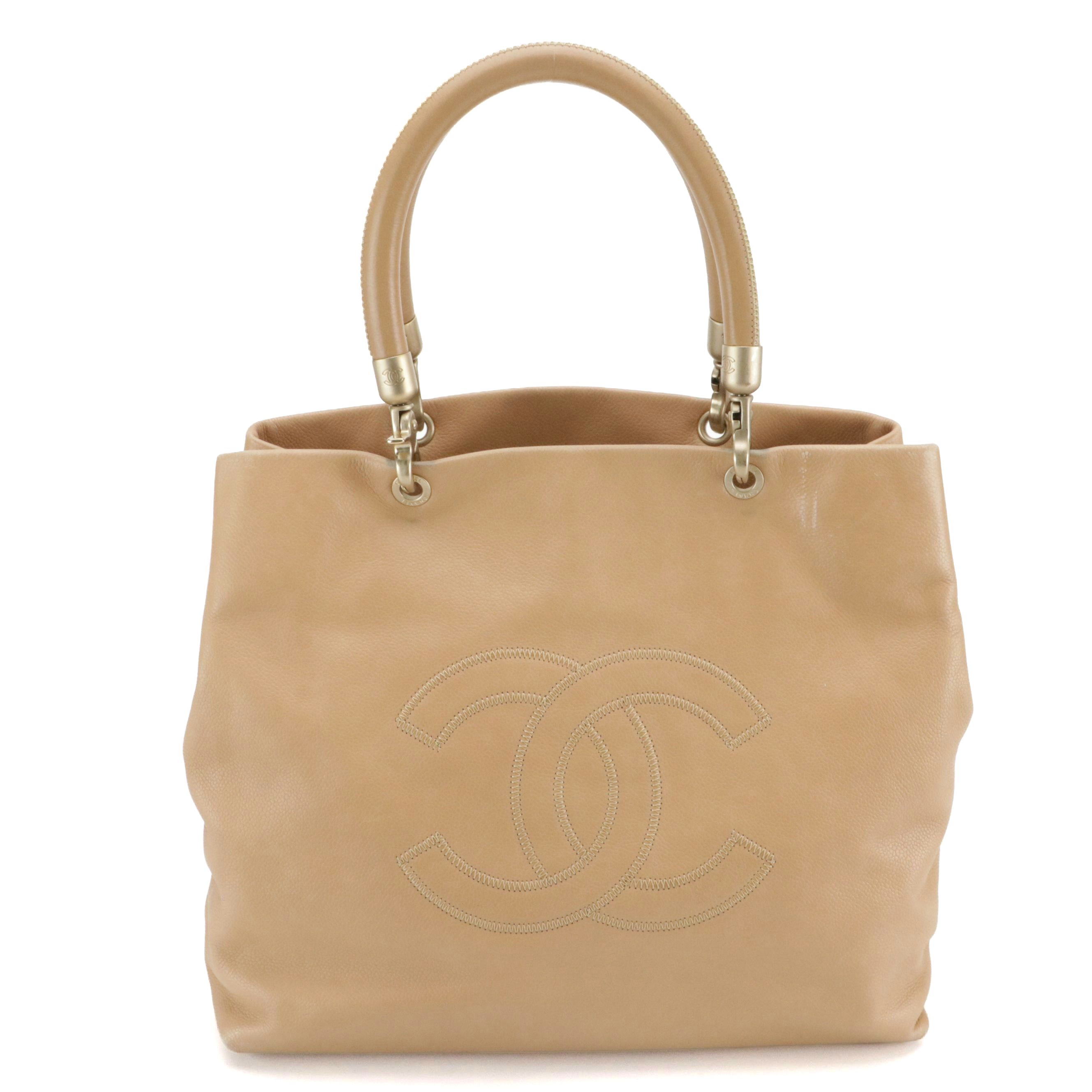 Chanel CC Stitched Shoulder Tote in Beige Caviar Leather