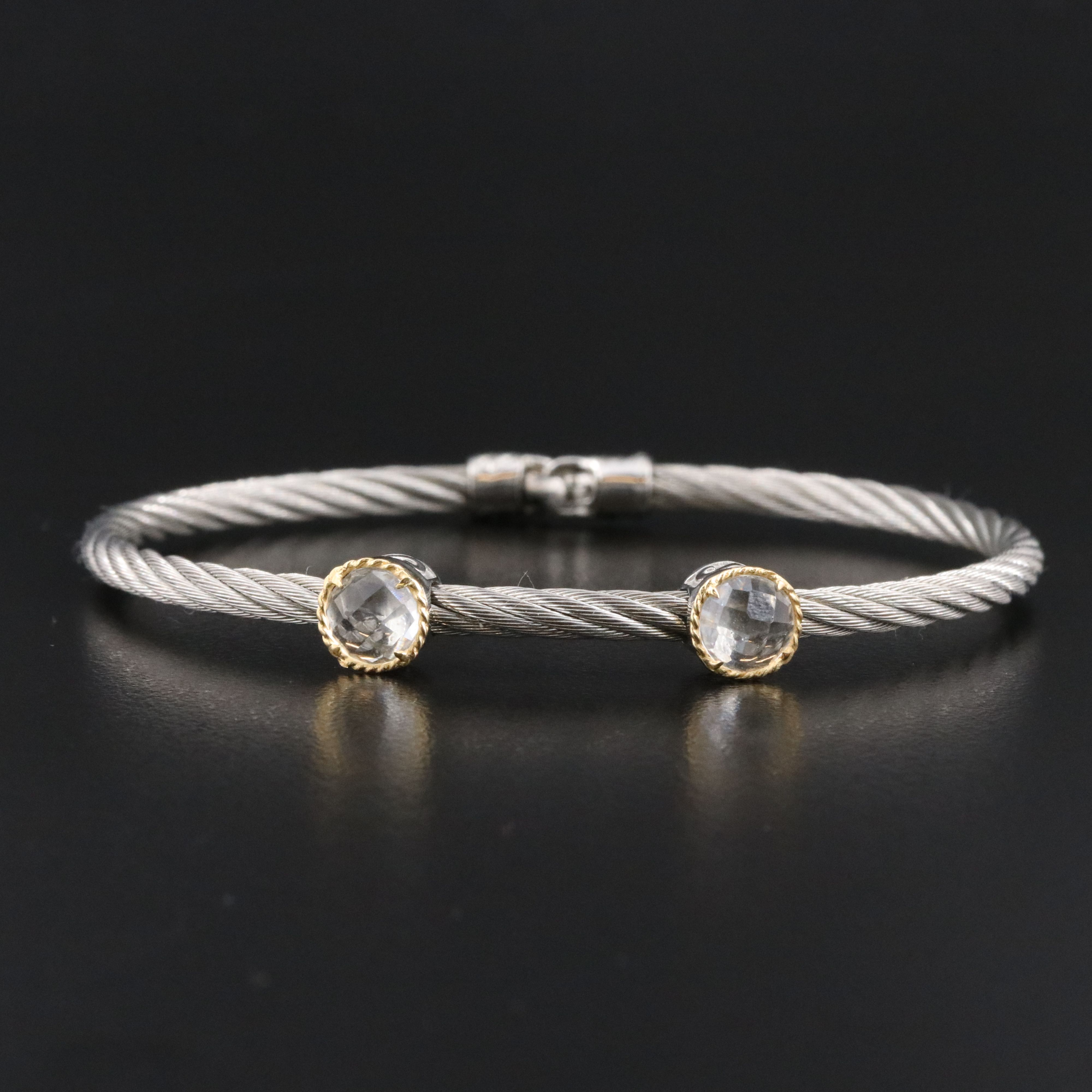 Charriol 18K White Sapphire Stations on Stainless Steel Cable Bracelet