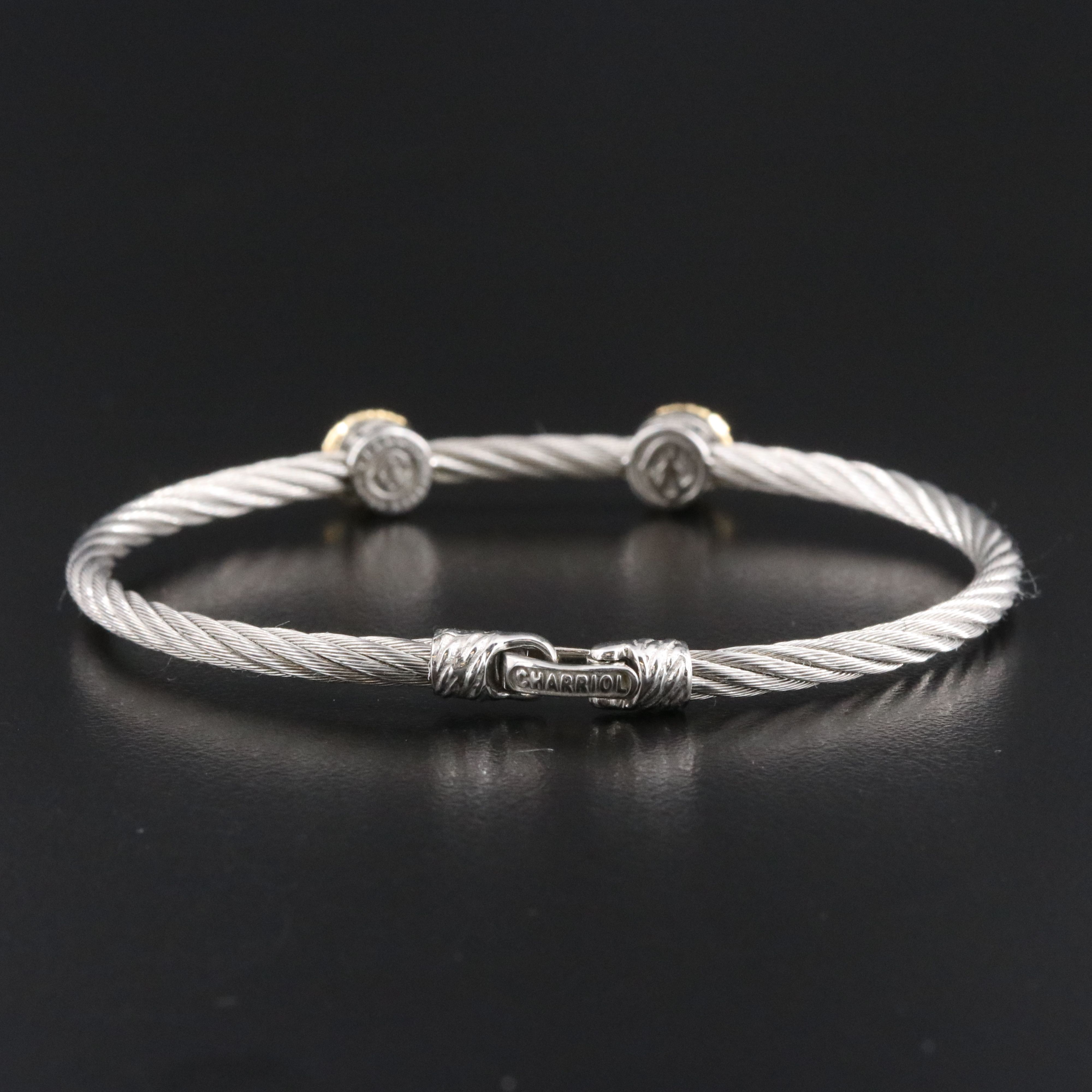 Charriol 18K White Sapphire Stations on Stainless Steel Cable Bracelet