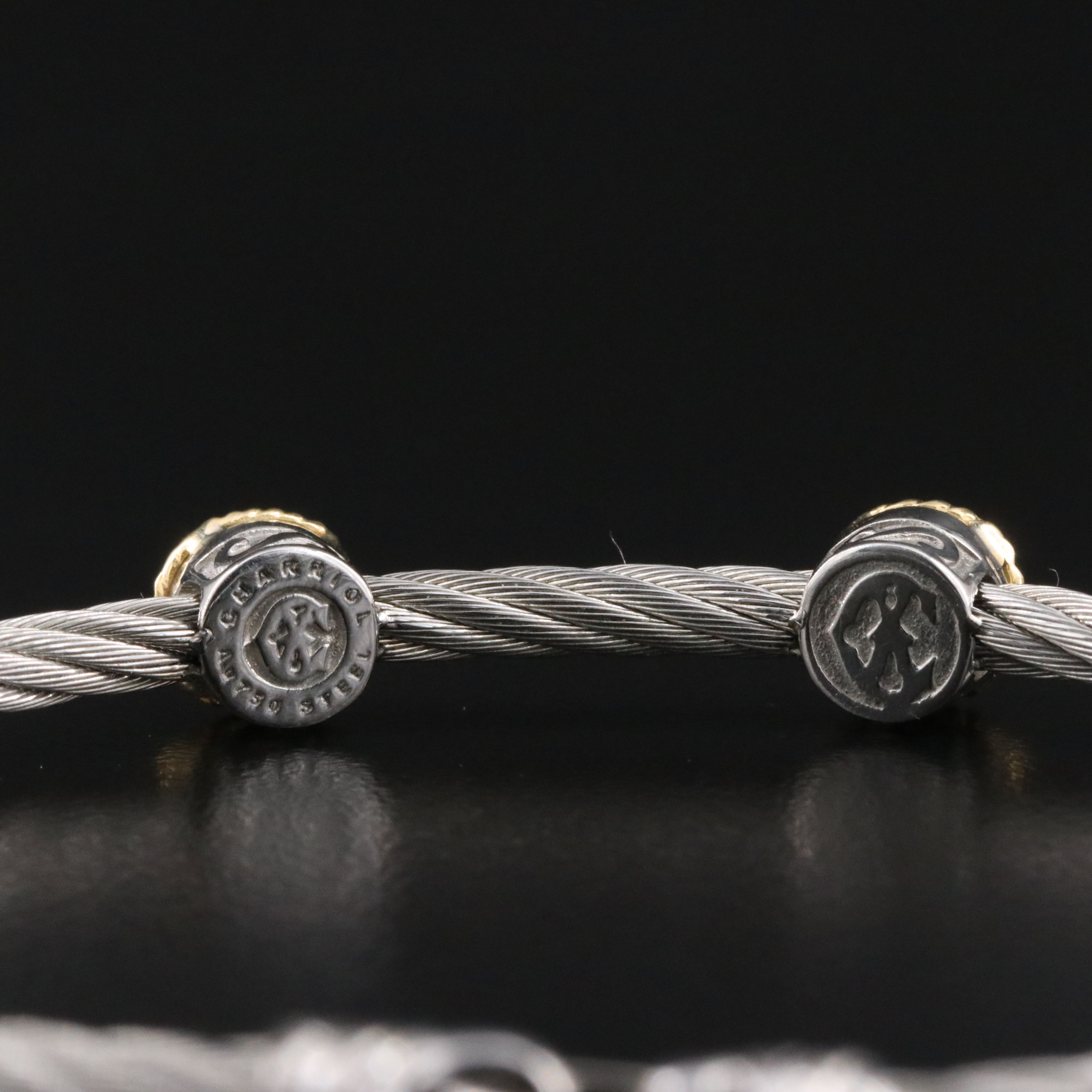 Charriol 18K White Sapphire Stations on Stainless Steel Cable Bracelet