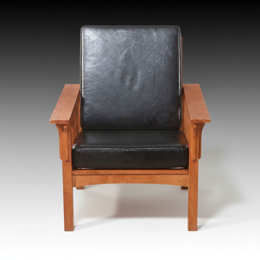 Mission Style Wood and Faux Leather Armchair