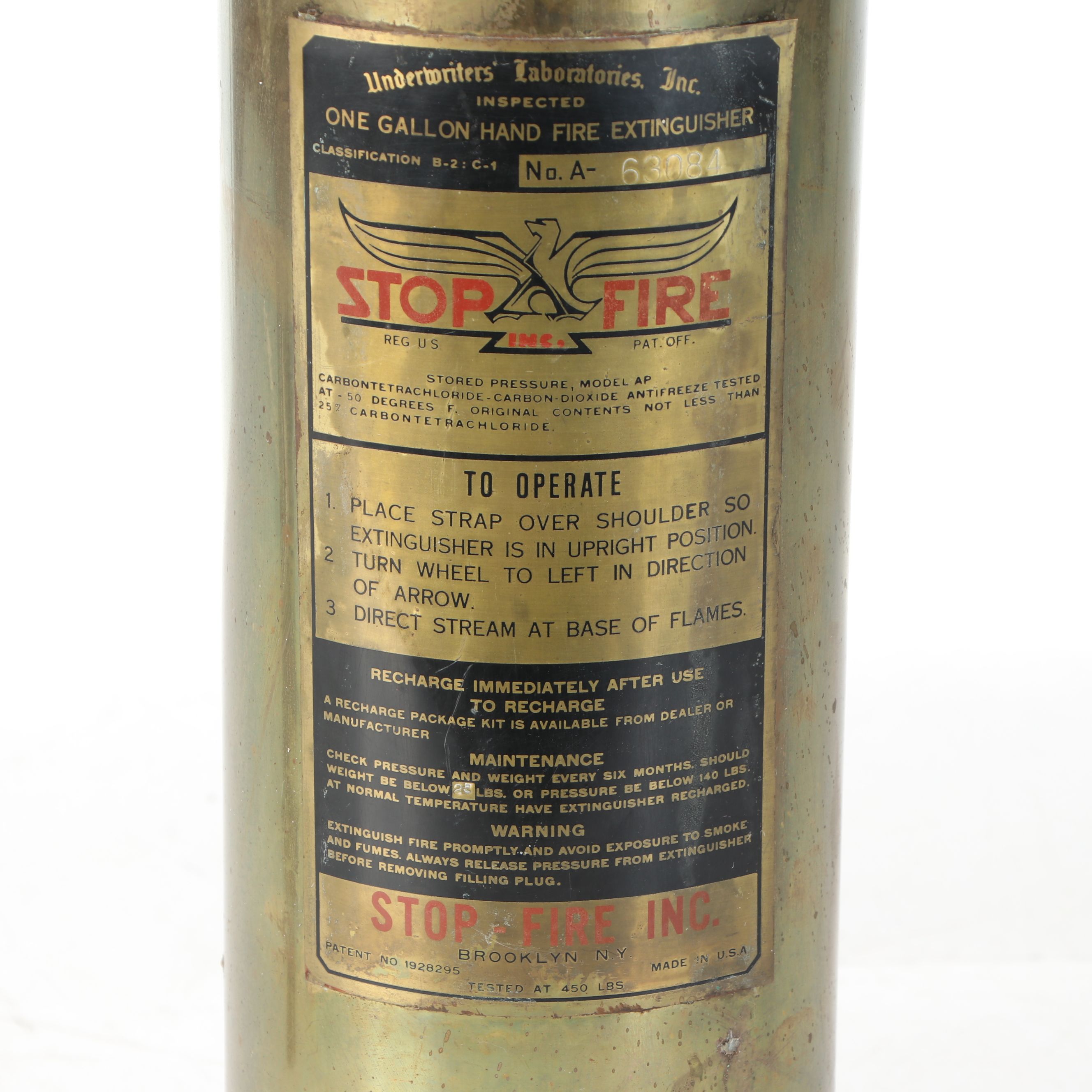 Stop Fire Brass Fire Extinguisher, Early to Mid-20th Century