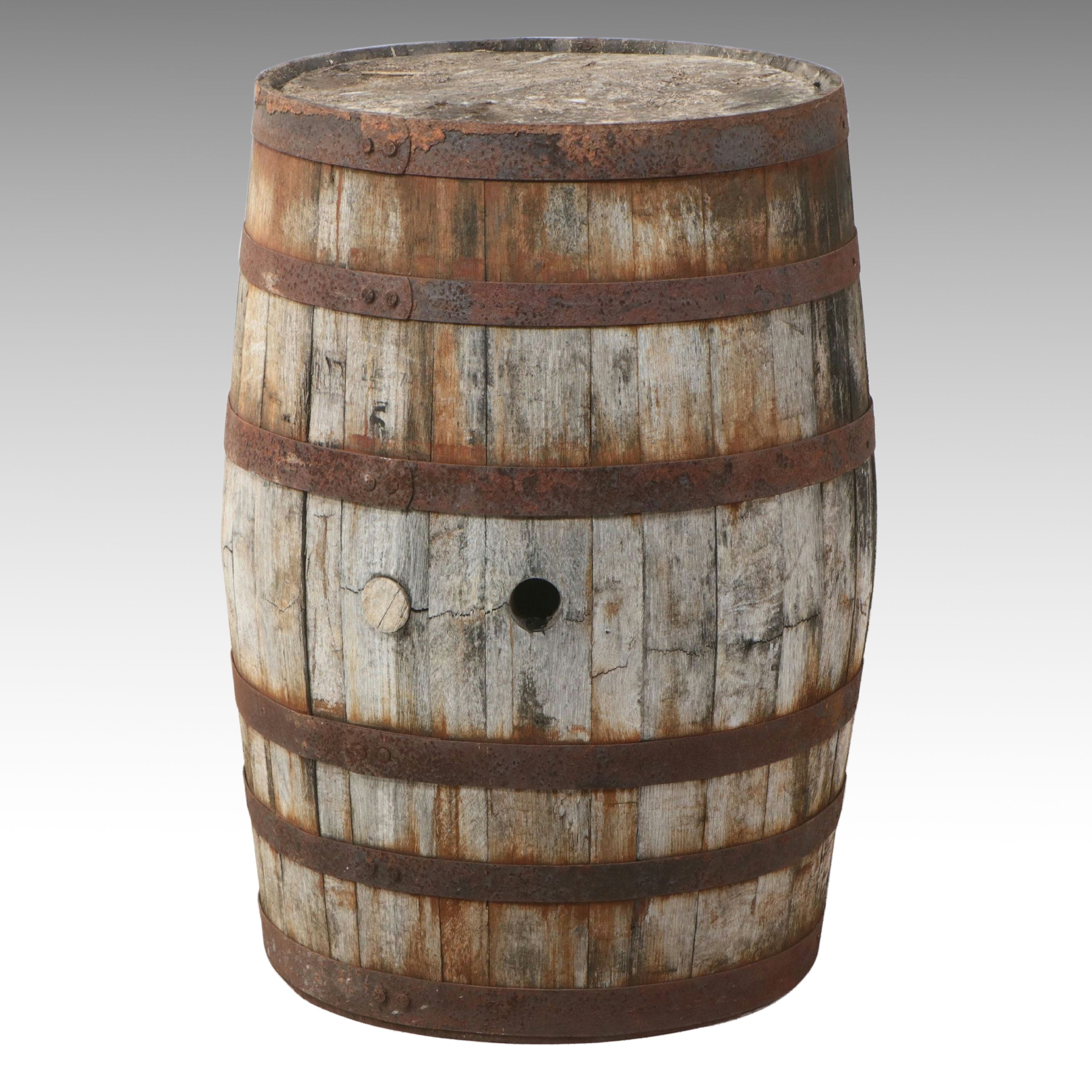 Primitive Weathered Oak Coopered Barrel, Early 20th Century