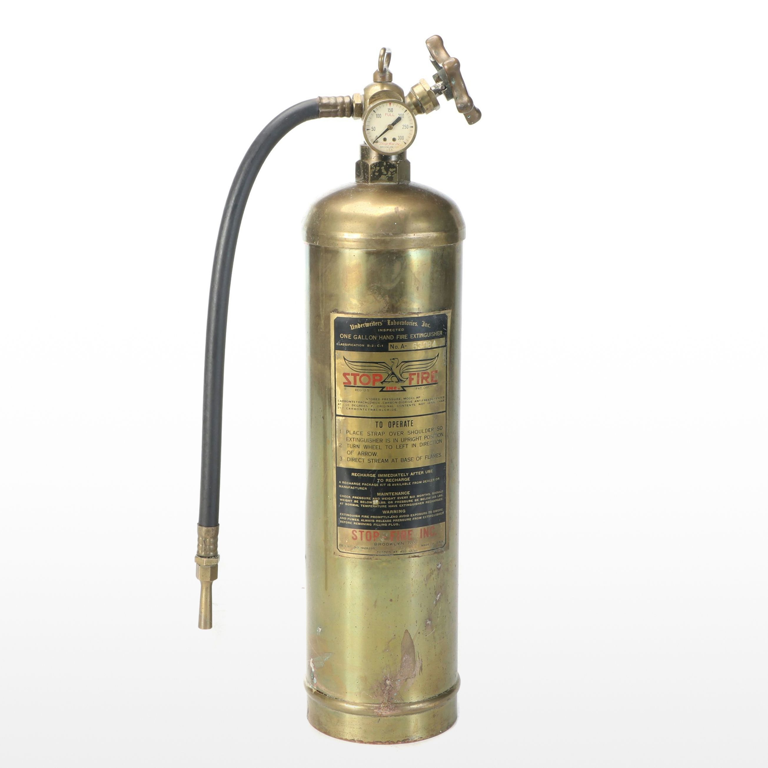Stop Fire Brass Fire Extinguisher, Early to Mid-20th Century