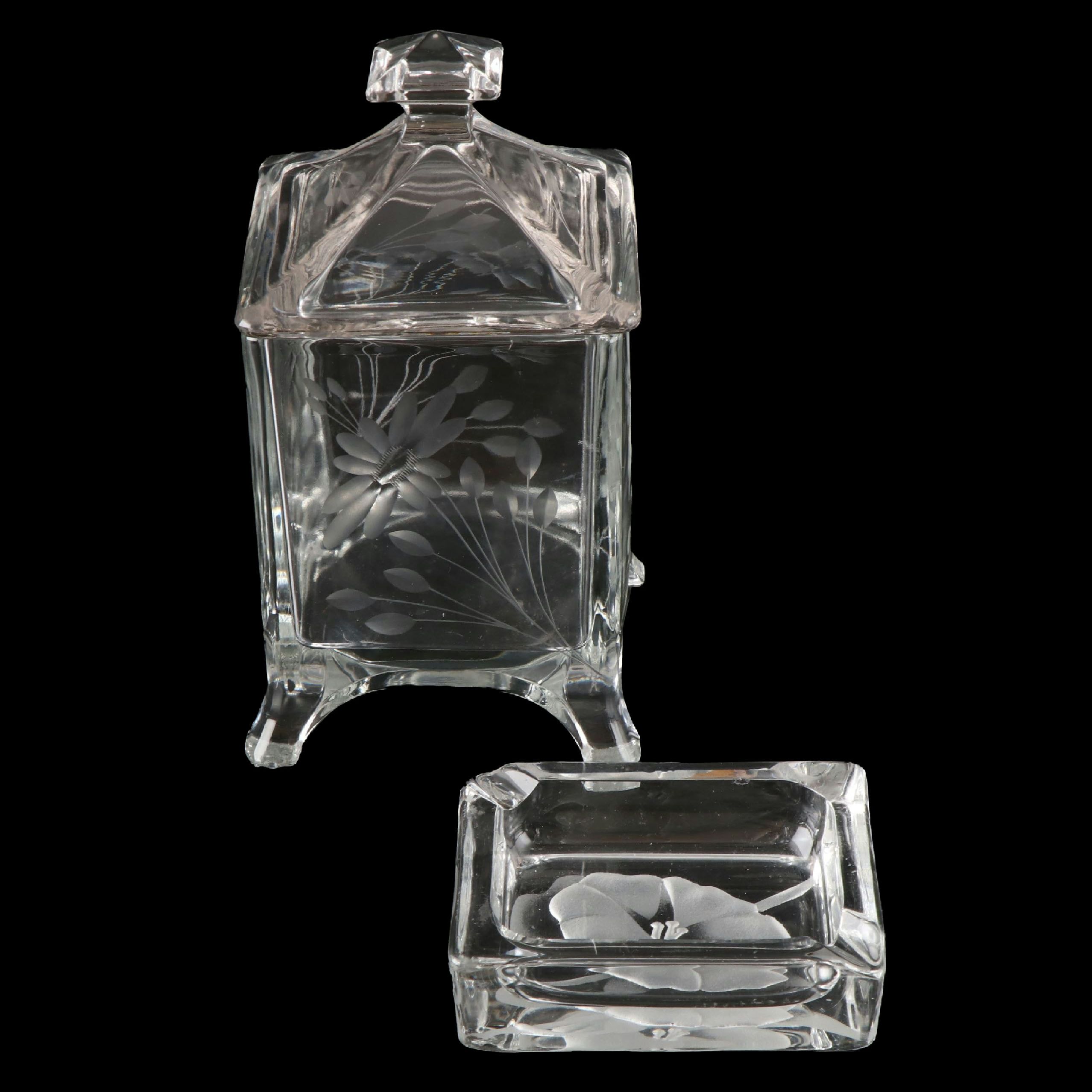 Floral Etched Glass Ashtray and Ladies' Footed Cigarette Box