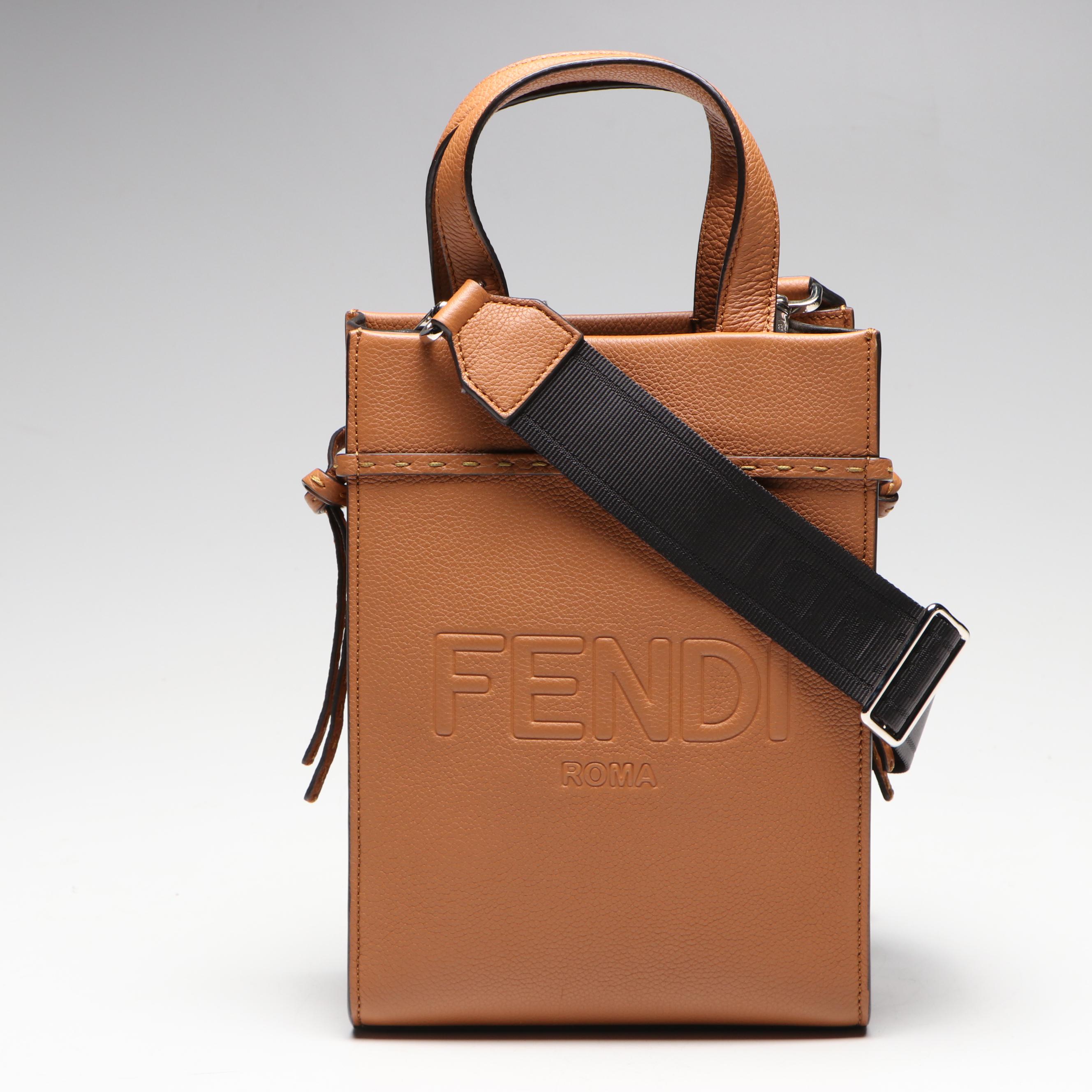 Fendi Mini Go To Shopper Two-Way Tote in Brown Grained Leather