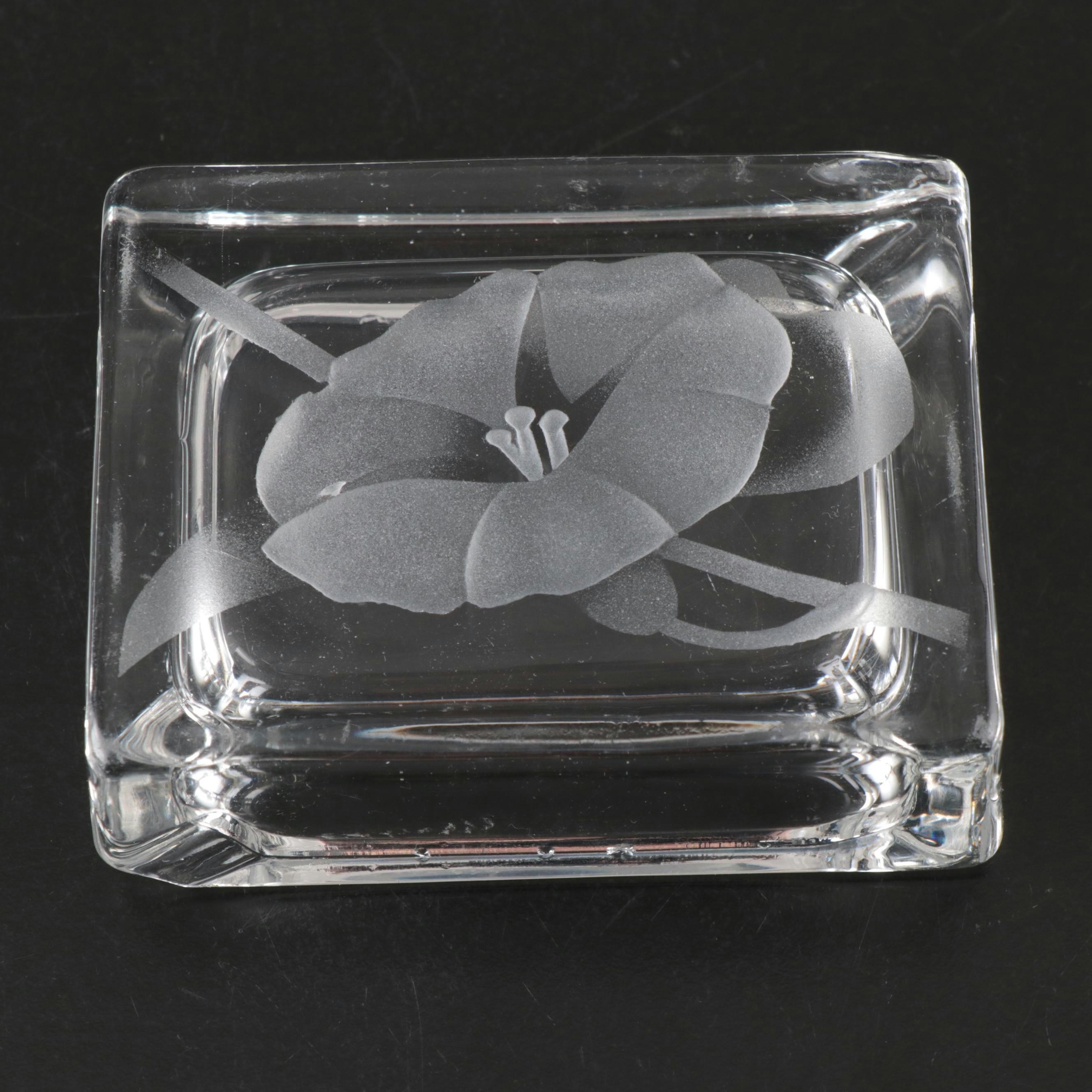 Floral Etched Glass Ashtray and Ladies' Footed Cigarette Box