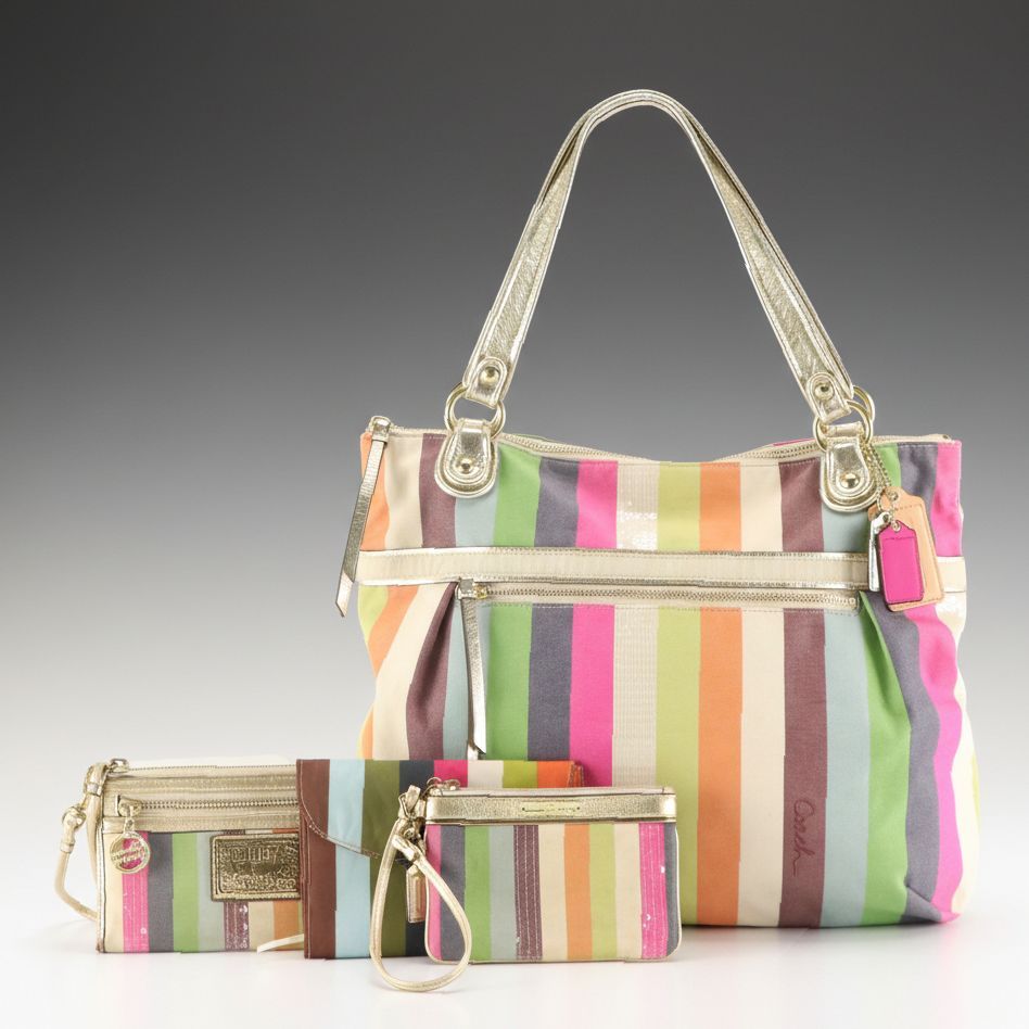 Coach Poppy Legacy Stripe Sequin Bag, Wristlet Wallet, Pouch, and Notebook
