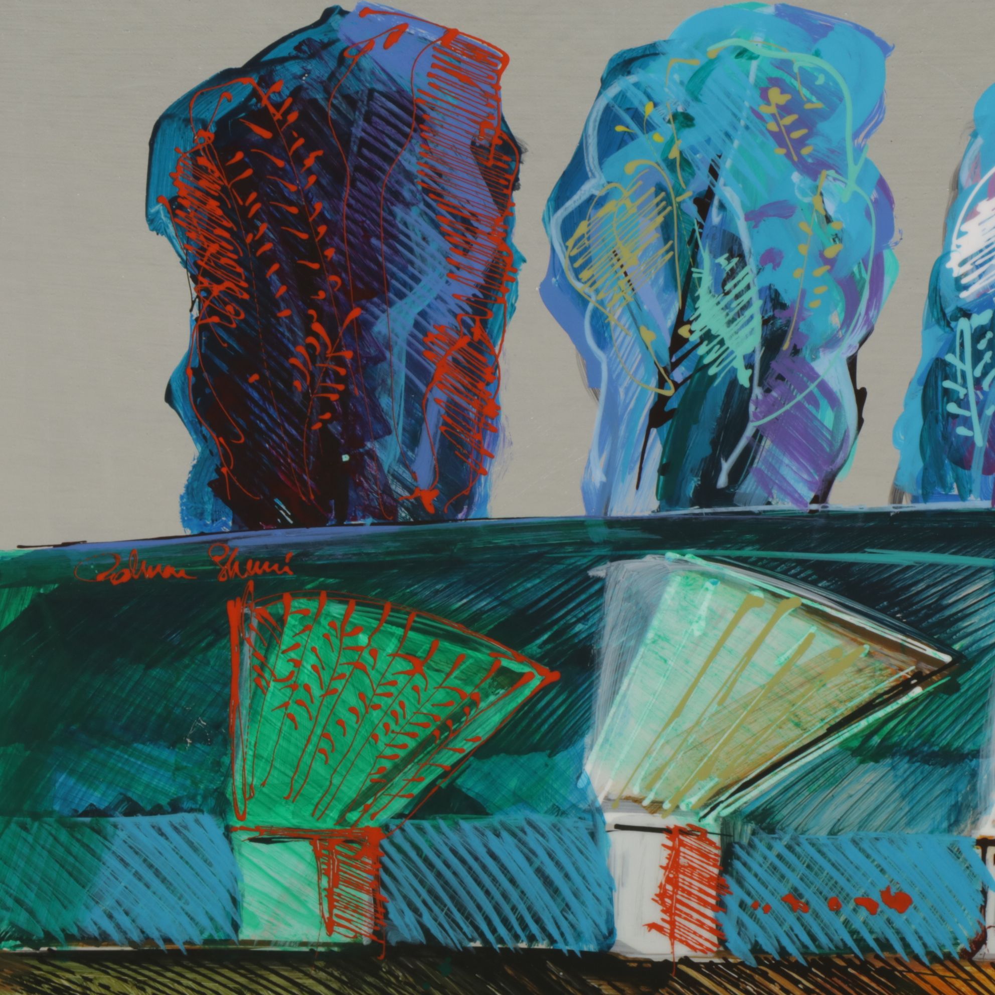 Calman Shemi Abstract Acrylic & Lacquer Painting "Promenade", Late 20th Century